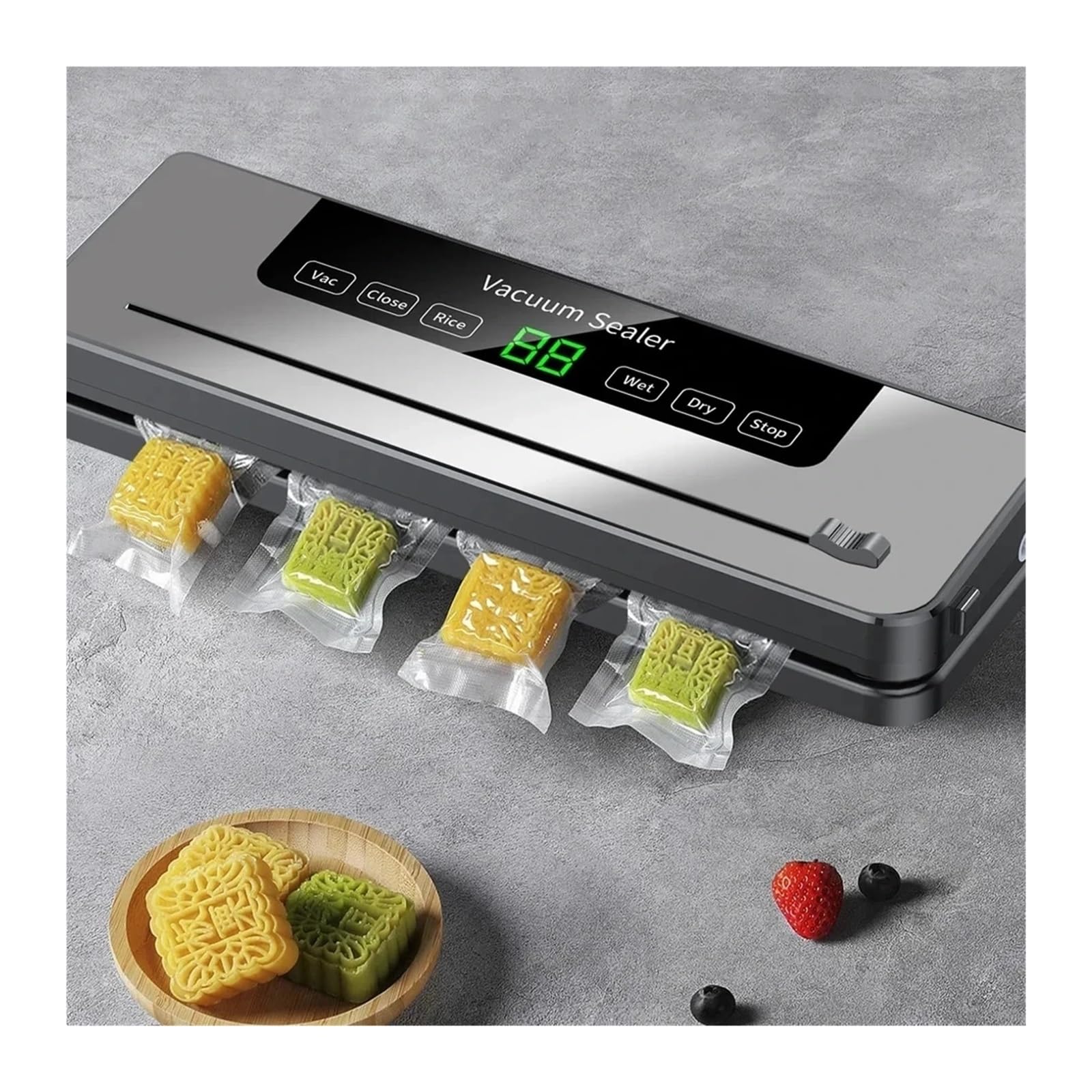 Máquina de sellado, Máquina selladora al vacío eléctrica for alimentos secos y húmedos, con botones táctiles y pantalla digital.