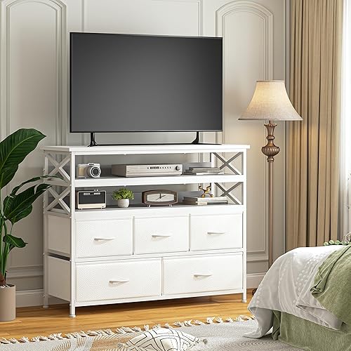 Soporte de TV blanco para TV de 50 pulgadas, cómoda resistente para dormitorio con 5 cajones de tela y estantes abiertos de madera, cómoda de