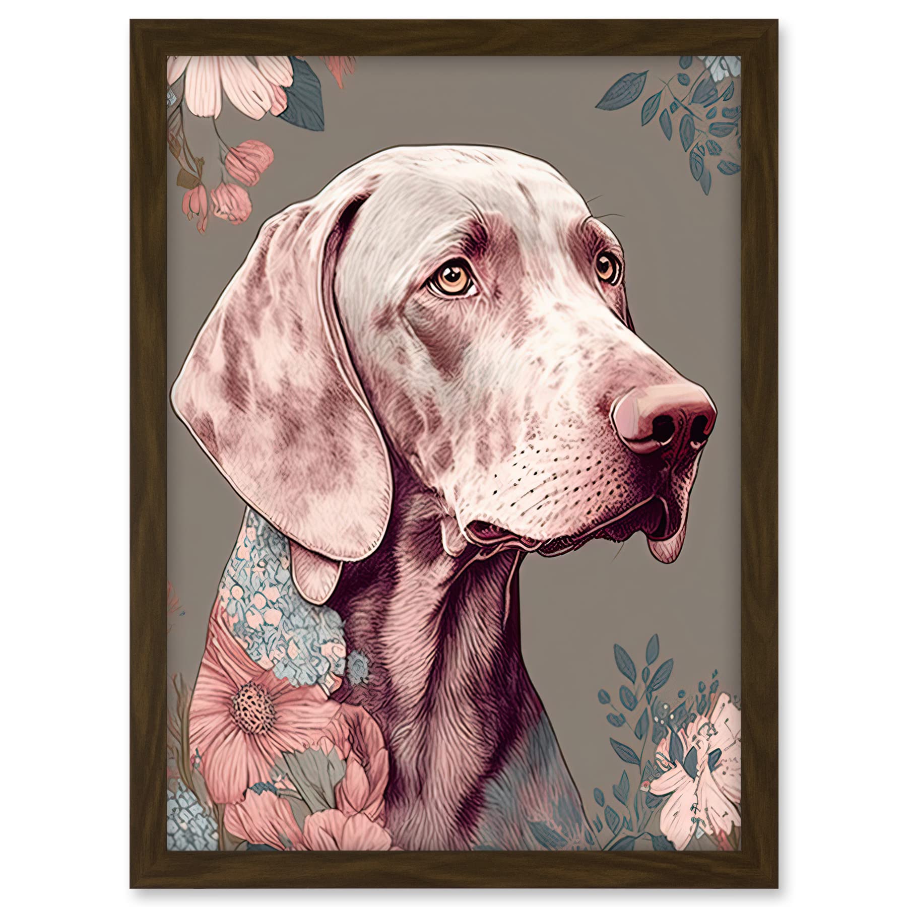 Artery8 Weimaraner Dog Portrait with Flower Patterns Modern Detailed Illustration Artwork Framed A3 Wall Art Print