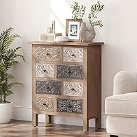 HOMPUS 32" Vintage Wood Storage Cabinet with 8 Carved Drawers, Freestanding Accent Chest Organizer for Living Room, Bedroom, Hallway - Natural Wood