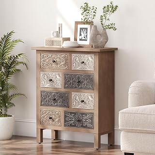 HOMPUS 32" Vintage Wood Storage Cabinet with 8 Carved Drawers, Freestanding Accent Chest Organizer for Living Room, Bedroom, Hallway - Natural Wood