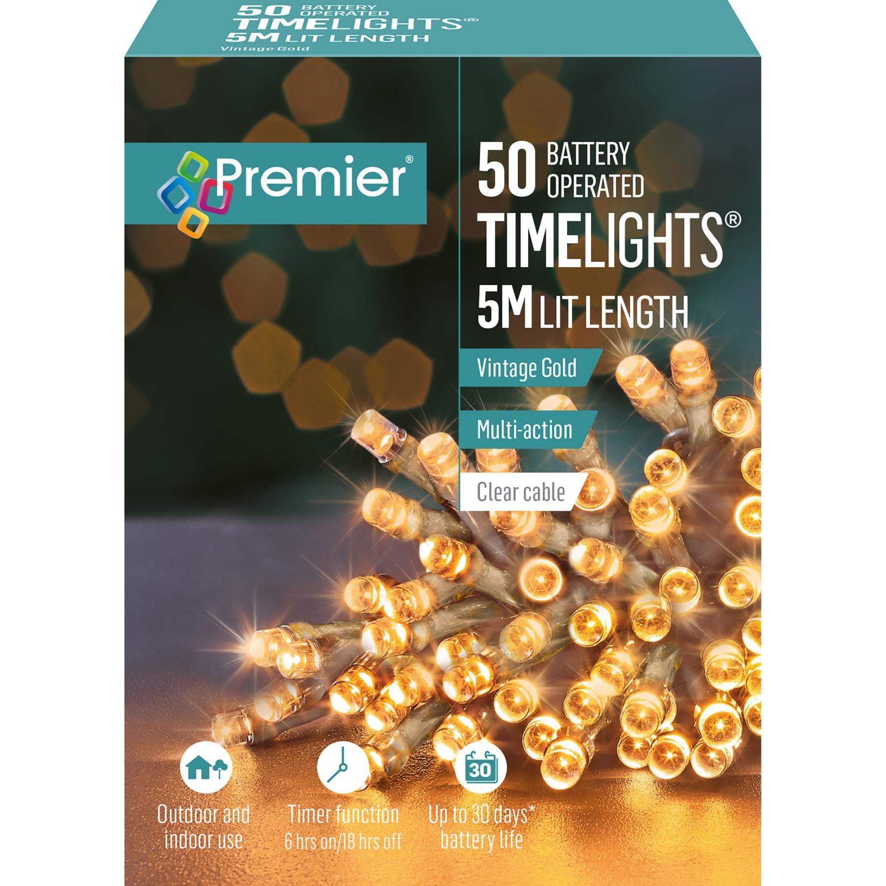 Premier Vintage Gold 50 Timelights Battery Operated 5M Clear Cable Multi Action String Lights