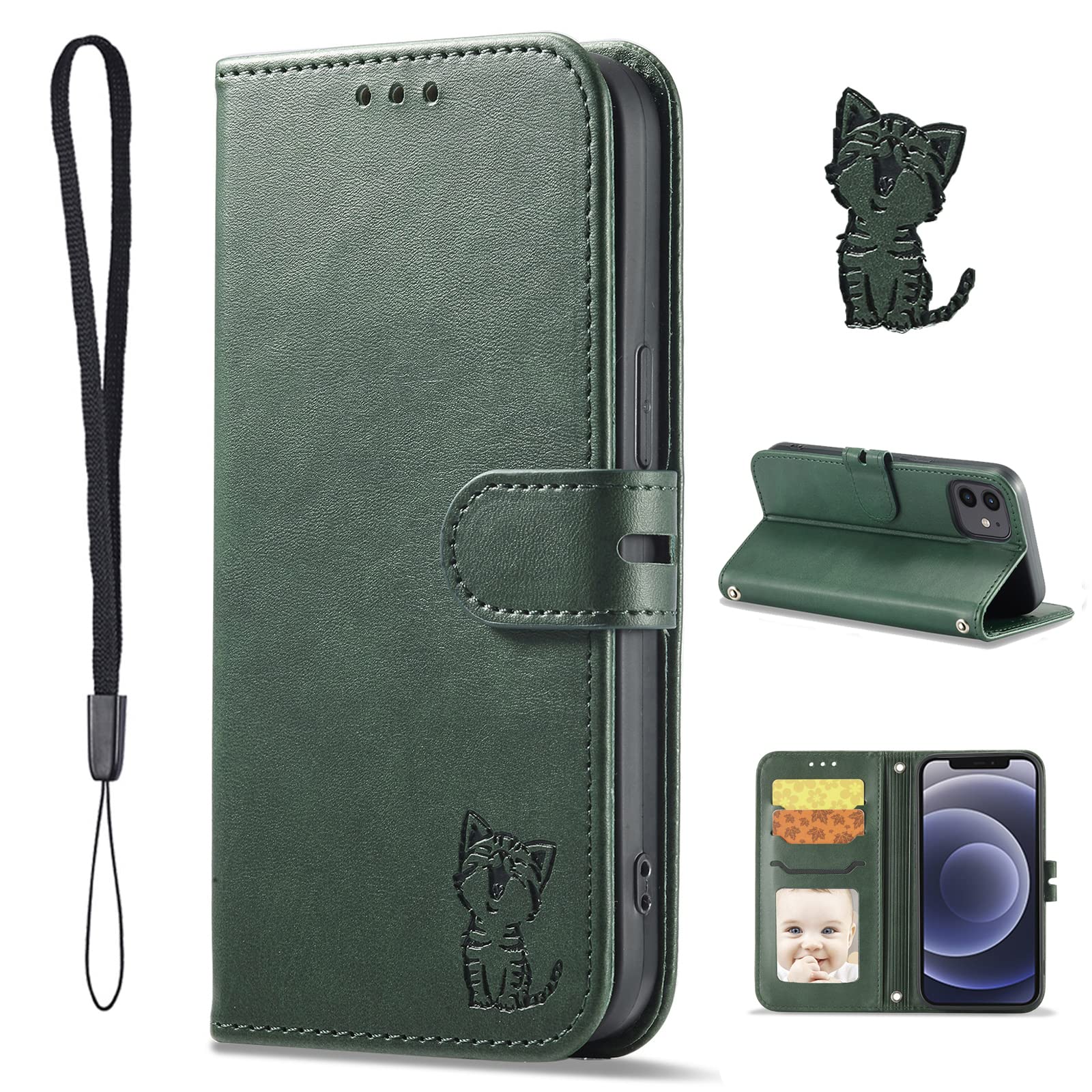 iPhone 15 Plusケース iPhone15 Plus手帳型 iphone15plusケース スマホケース アイフォン 15プラス携帯ケース あいふぉん15カバー case 笑顔猫ちゃん PUレザー ストラップ付き カード収納 ベルトマグネット スタンド機能 かわいい (iPhone 15Plus 6.7inch対応)レトログリーン