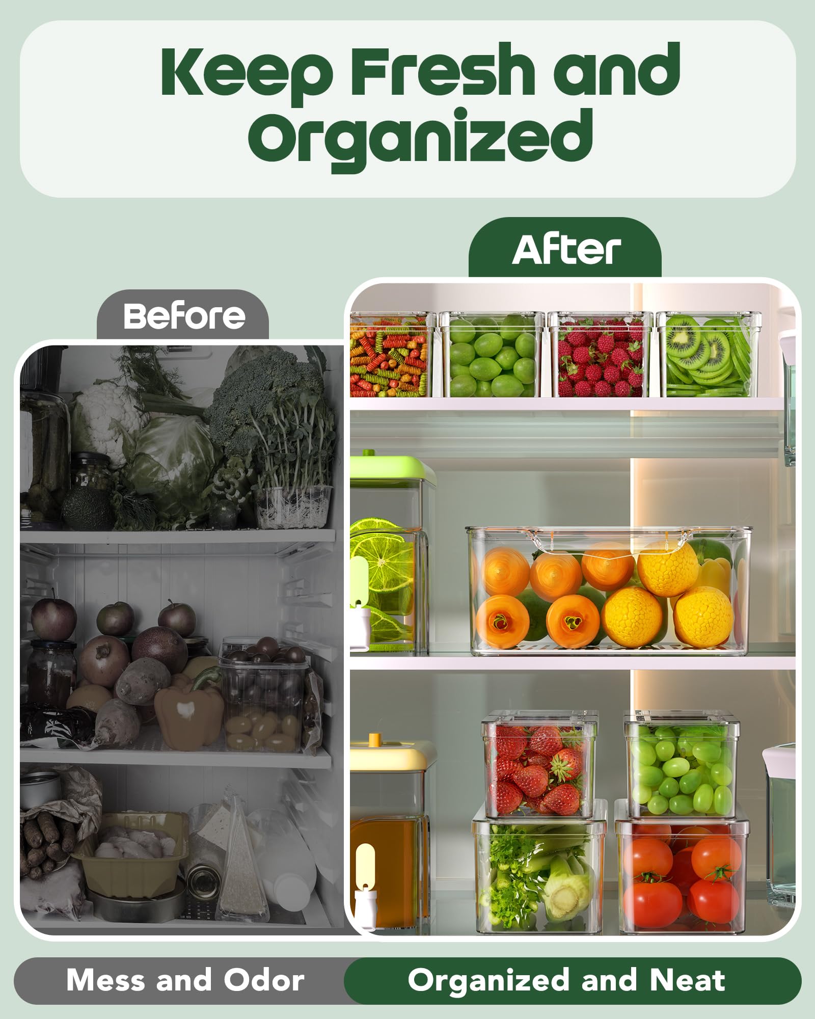 KEMETHY Paquete de 11 contenedores organizadores de tereftalato de polietileno transparente (PET), contenedores de almacenamiento de frutas sin BPA para refrigerador