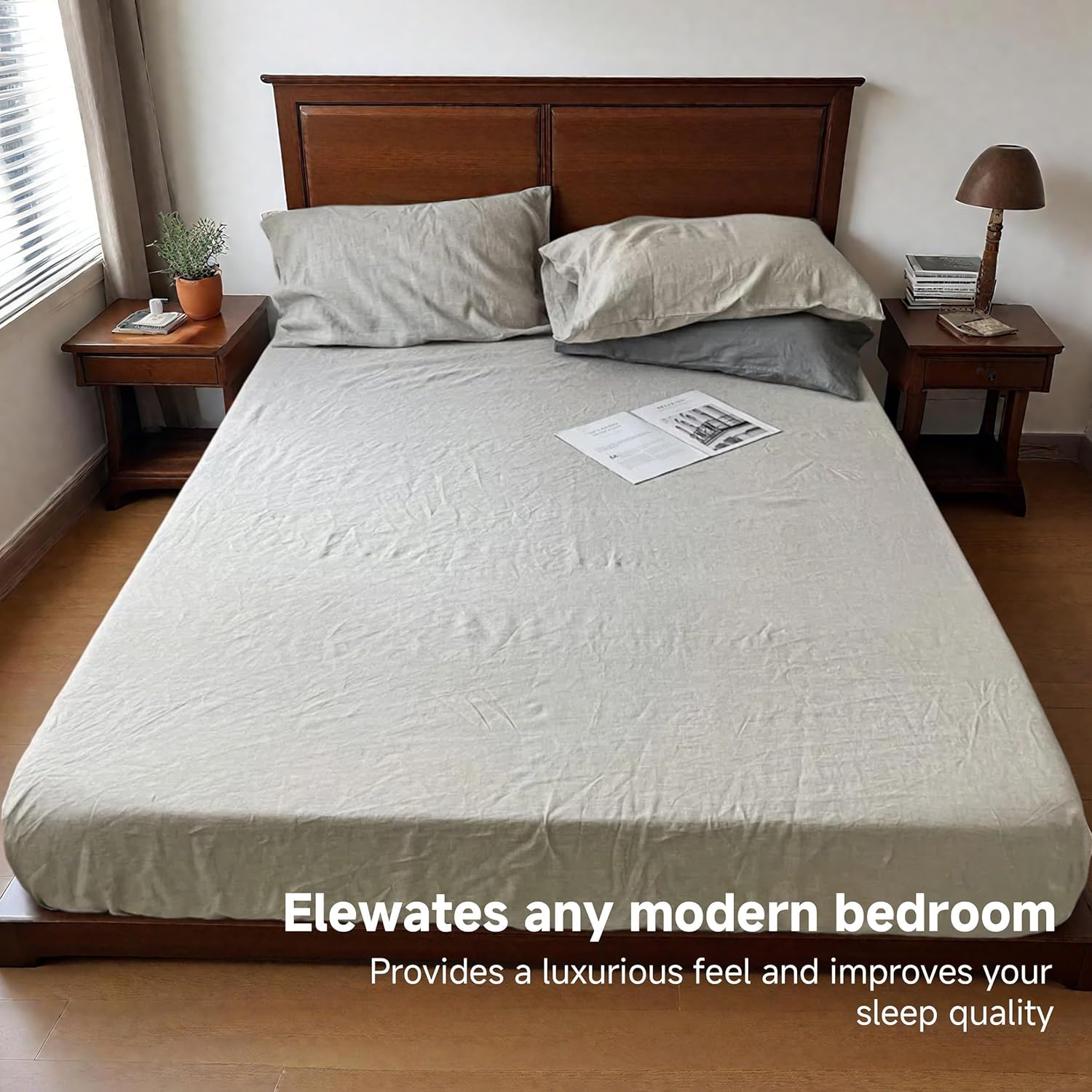 100% French Linen Fitted Sheet Queen Size, Easy Fit Breathable Soft Bed Fitted Sheet, Premium Natural Flax, Fits Mattress up to 16" Deep - Beige, Queen