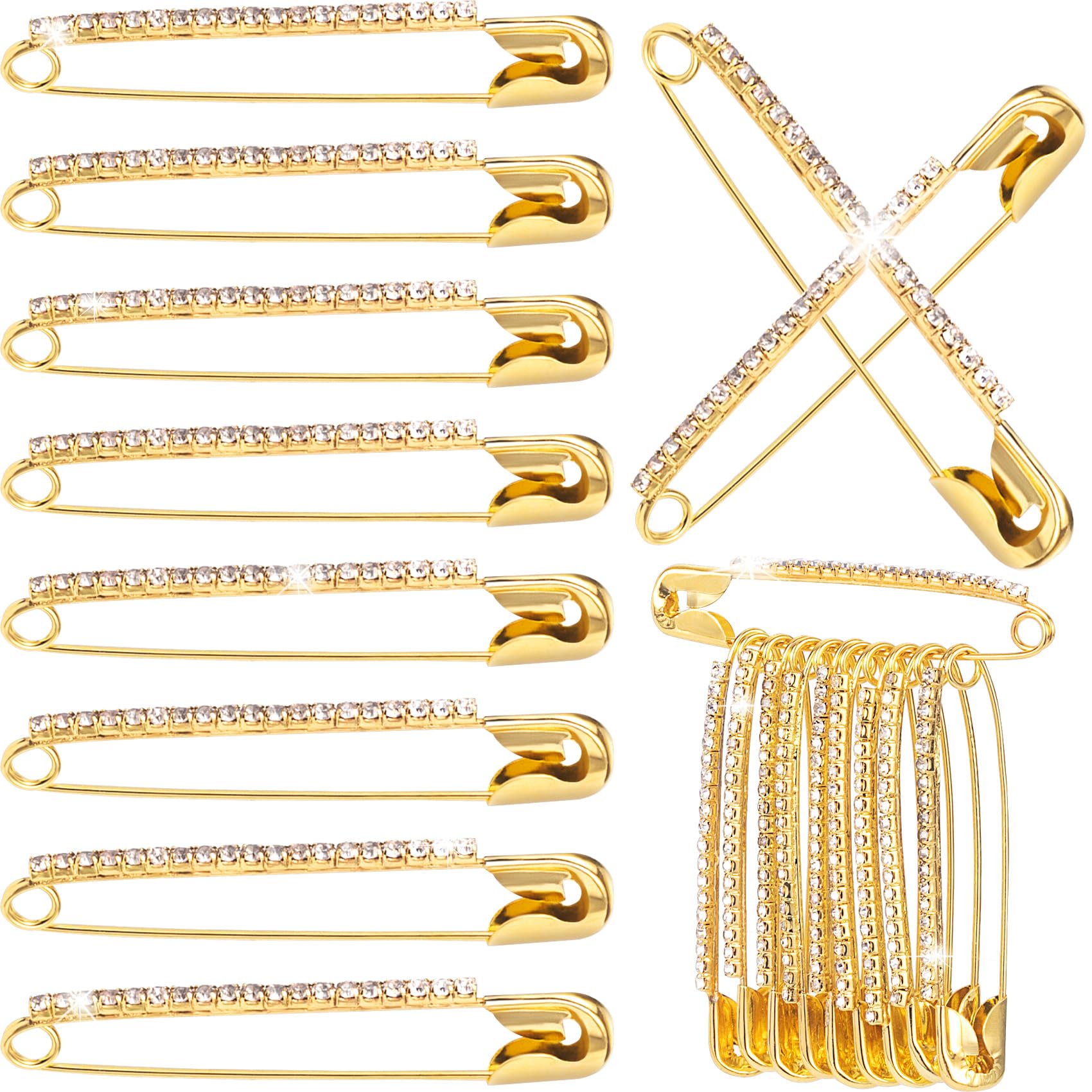 Mxxipp 10pcs Rhinestone Safety Pins, Sparkly Rhinestone Decorative Pins for Clothing, Classic Crystal Brooch Pins for Scarf Shawl Jeans Sweaters Dresses- Gold