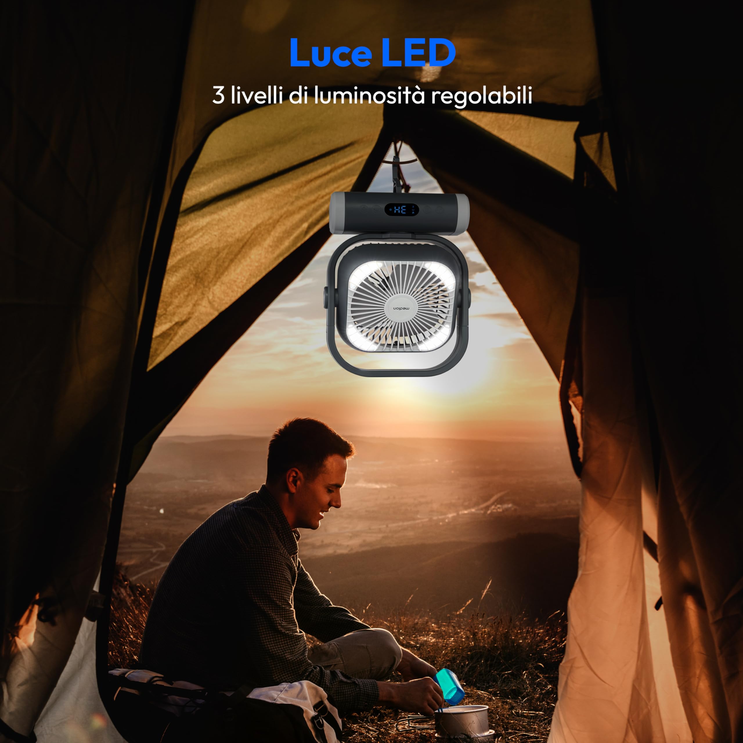 MEDION Ventilatore E10 TF (batteria, mini ventilatore USB portatile con luce, telecomando, 5 velocità, oscillazione, gancio per appendere, funzione powerbank, ideale per ufficio campeggio tenda)