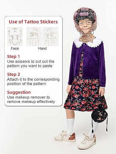 Miniatura 7 de SOMSOC Disfraz de anciana de 14 piezas para niñas de 100 días de escuela, juego de cosplay de abuelita para niños, vestido de abuela para 100 días