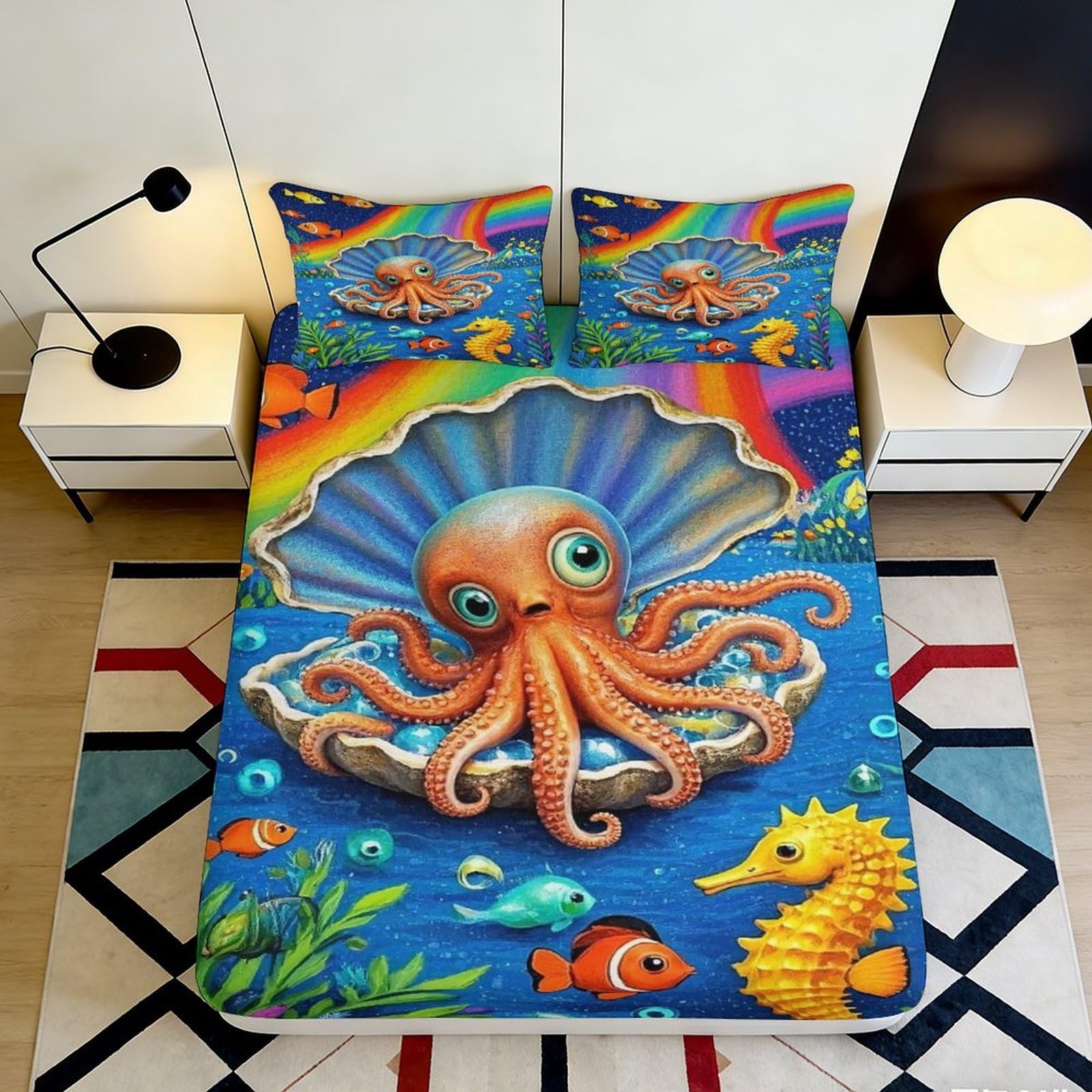 3D Printed Ocean Octopus Fitted Sheet Microfiber Deep Pocket Bedroom Bedding Set Undersea Mattress Fitted Cover 140x200x25cm