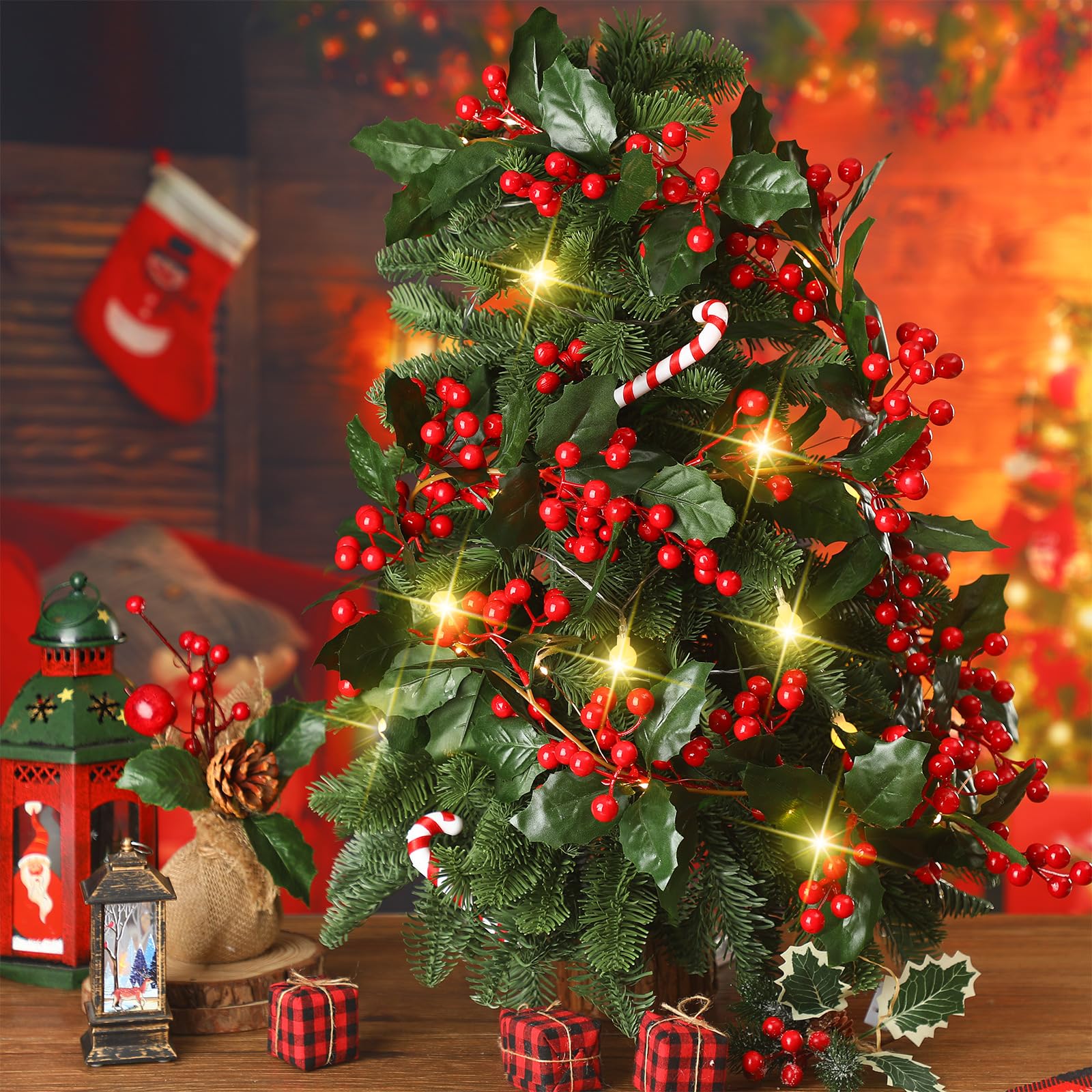 Lyrow 18 ft 3 Pcs Lighted Christmas Garland with Berry Artificial Christmas Vine Winter Holly Leaves LED Christmas Light String for Fireplace Mantle Indoor Outdoor Winter Holiday Decor(Red, Green)