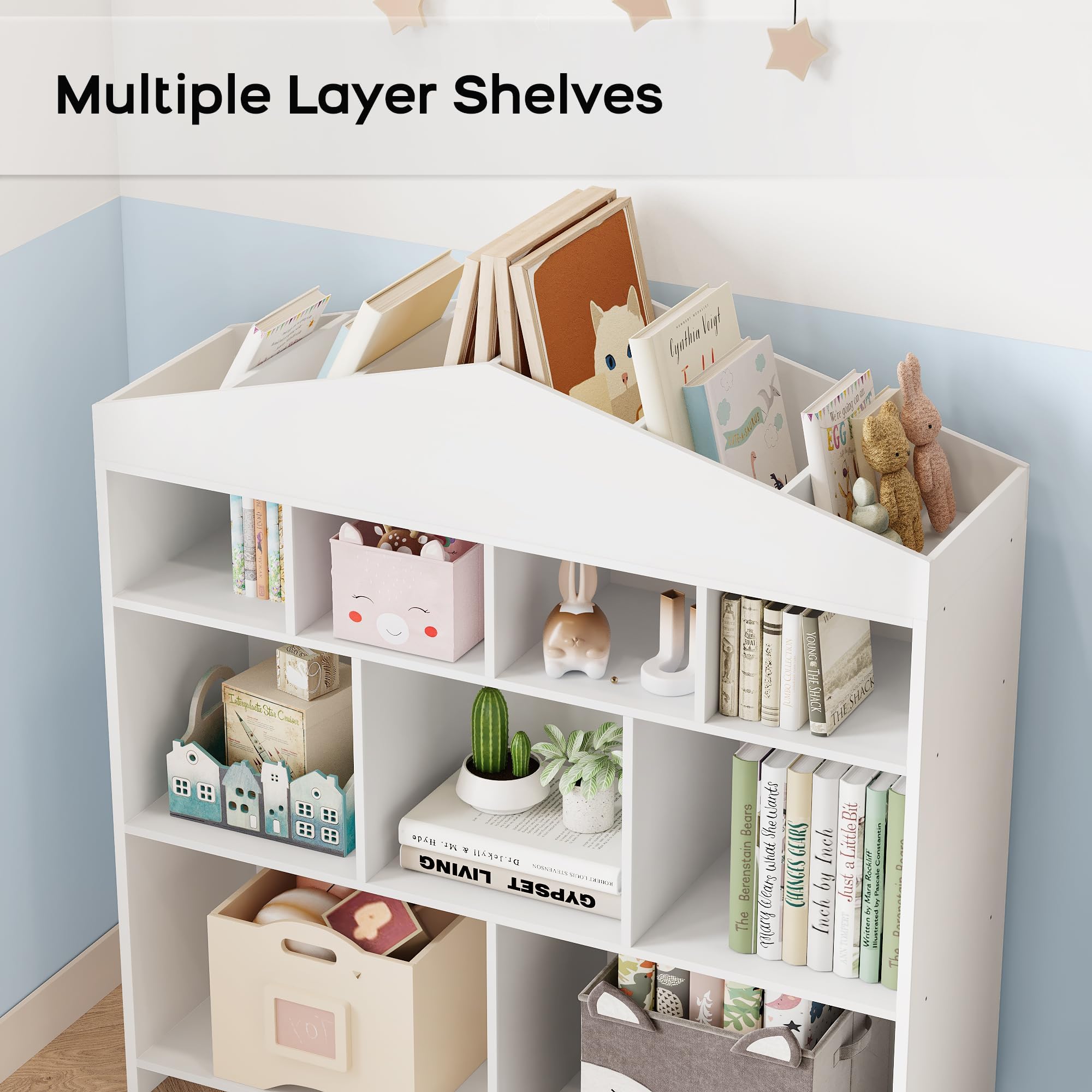 Garvee Estantería Niños Grande - 9 Compartimentos Clasificables - Librería Infantil con diseño en Forma de casa - Espacio Superior para Libros y Adornos - 100 * 30 * 104 CM - Color Blanco
