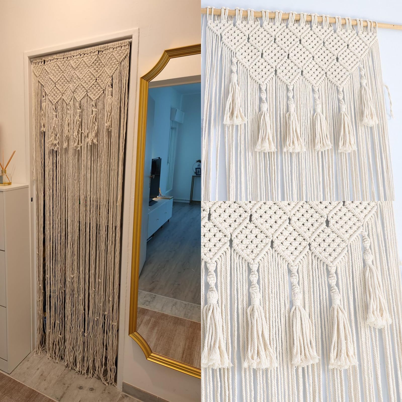 NIYATA Boho - Arazzo grande – beige bohémien, 65 x 200 cm, per porta a fili, per finestre, in macramè