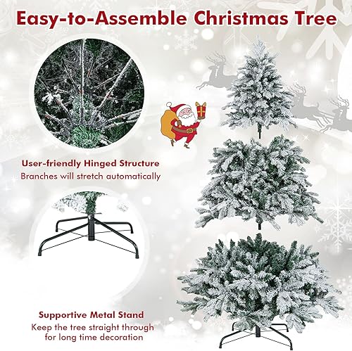 Vista 5 de Happygrill 6FT Pre-lit Snow Flocked Christmas Tree with 250 LED Lights & 1415 PE & PVC Branch Tips, Hinged Holiday Festival Decoration Tree for Nieve