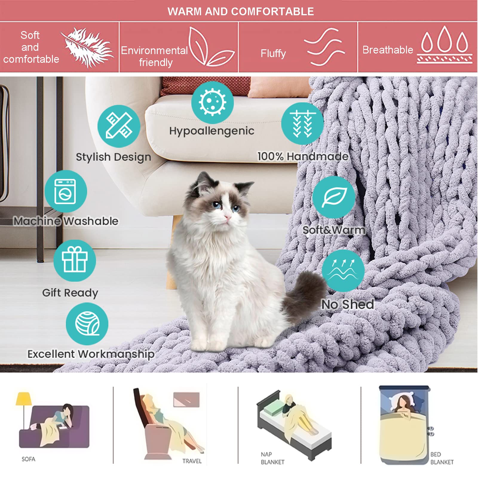 Manta Tejida Gruesa Manta de Punto Gruesa Manta Trenzada Voluminosa Cama Tejida A Mano Mantas para Sillas de Sofá Cable Gigante Decoración para el Hog (L 130x170cm)