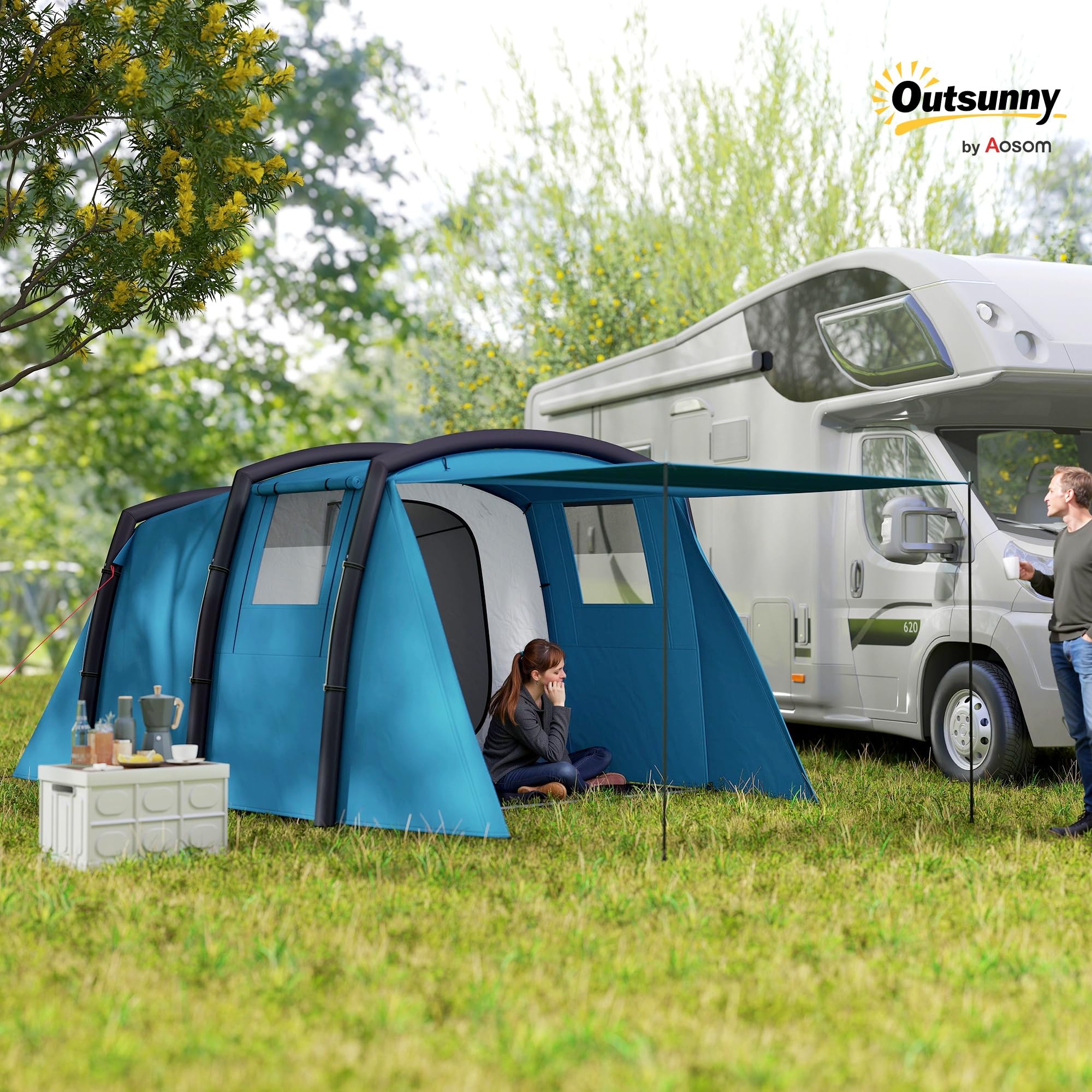 Outsunny Tenda da campeggio gonfiabile per famiglie, tipo Tunnel per 3-6 persone, tenda da campeggio glamping con lobby, finestre in rete e borsa per il trasporto, protezione UV 50+ impermeabile