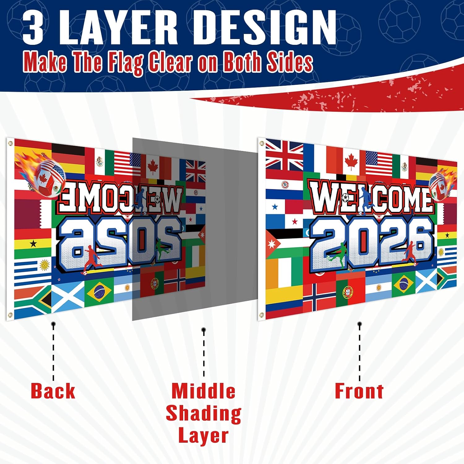 3 Ply World Football Tournament Cup Flag, Welcome 2026 Soccer Festival Flags 3x5 Ft, World Soccer Country Flag Banner Decorations for Outdoor Indoor