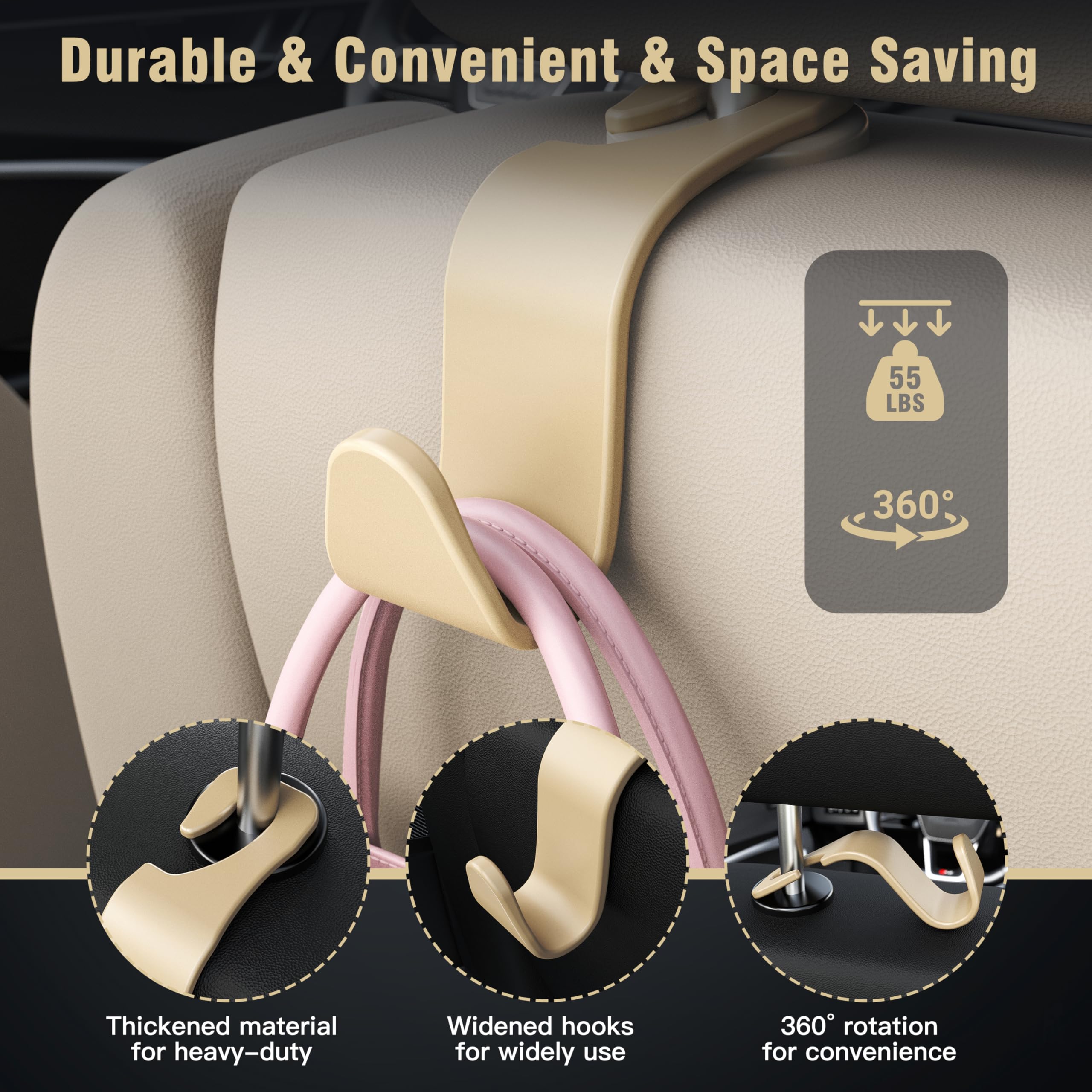 4-Pack Car Headrest Hooks Holds 55lbs Seat Storage Organizer for Bags view 5
