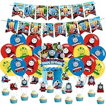 Thomas Train Birthday Decorations, Thomas Train Party Supplies Include Happy Birthday Banner, Cake Topper and Cupcake Toppers, Balloons for Kids Party Decor