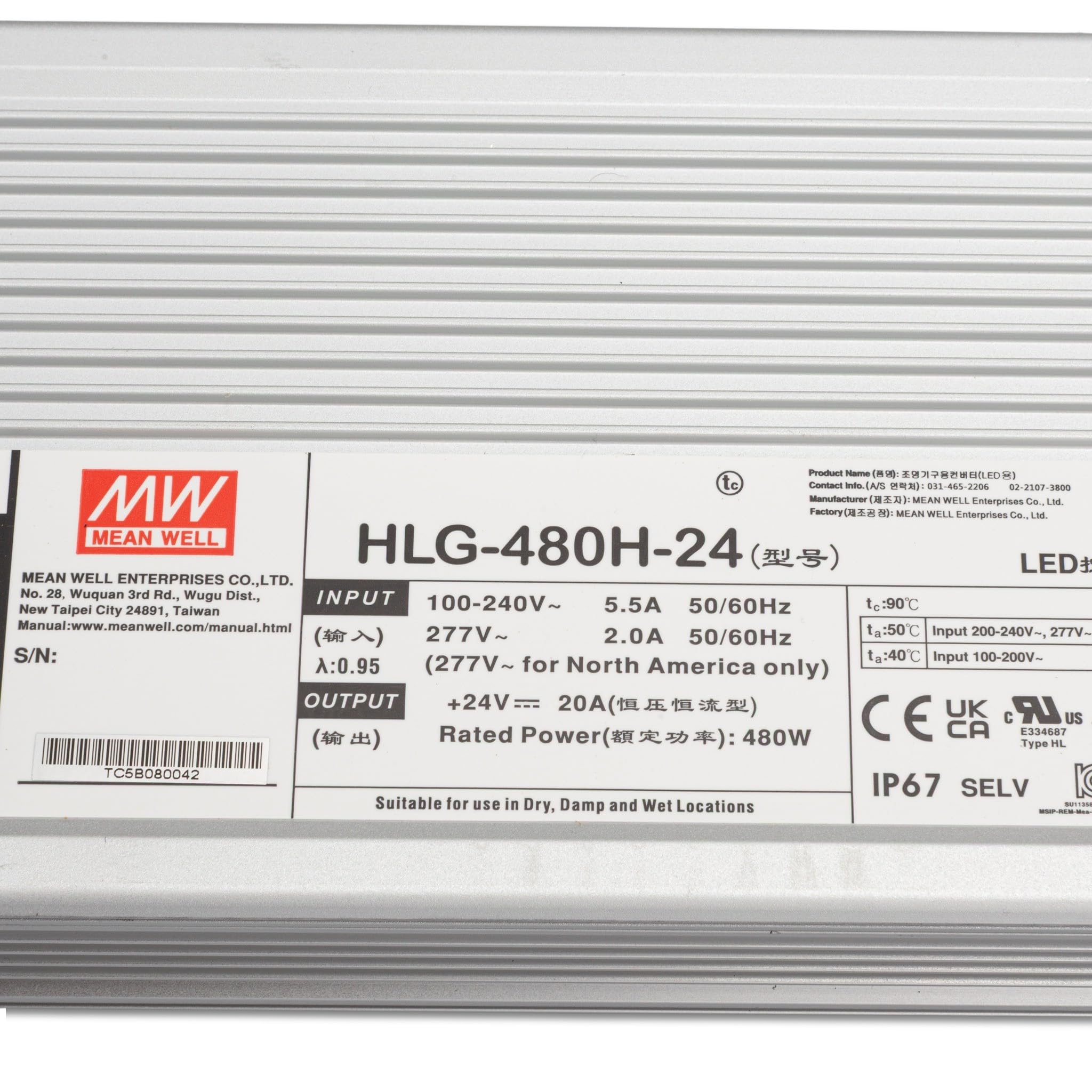 Mean Well HLG-480H-24 LED-Treiber Konstantspannung, Konstantstrom 480W 20A 12-24V/DC Outdoor, PFC