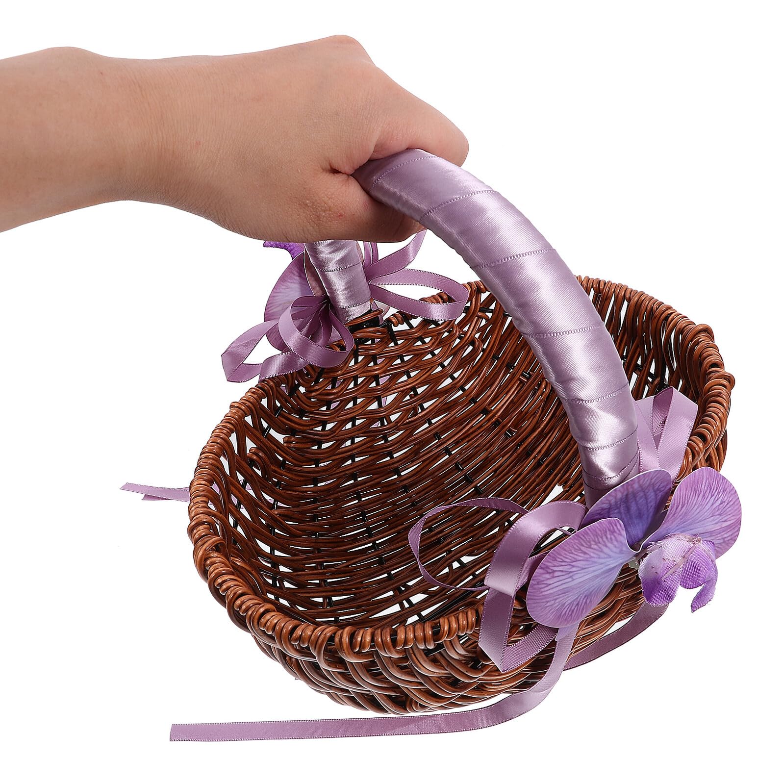 Cesta Tejida para Niña de Flores para Boda Asa Morada, Cesta Decorativa Artesanal de Madera y Plástico, Accesorio Ligero y Resistente para Ceremonias y Eventos Obsequios