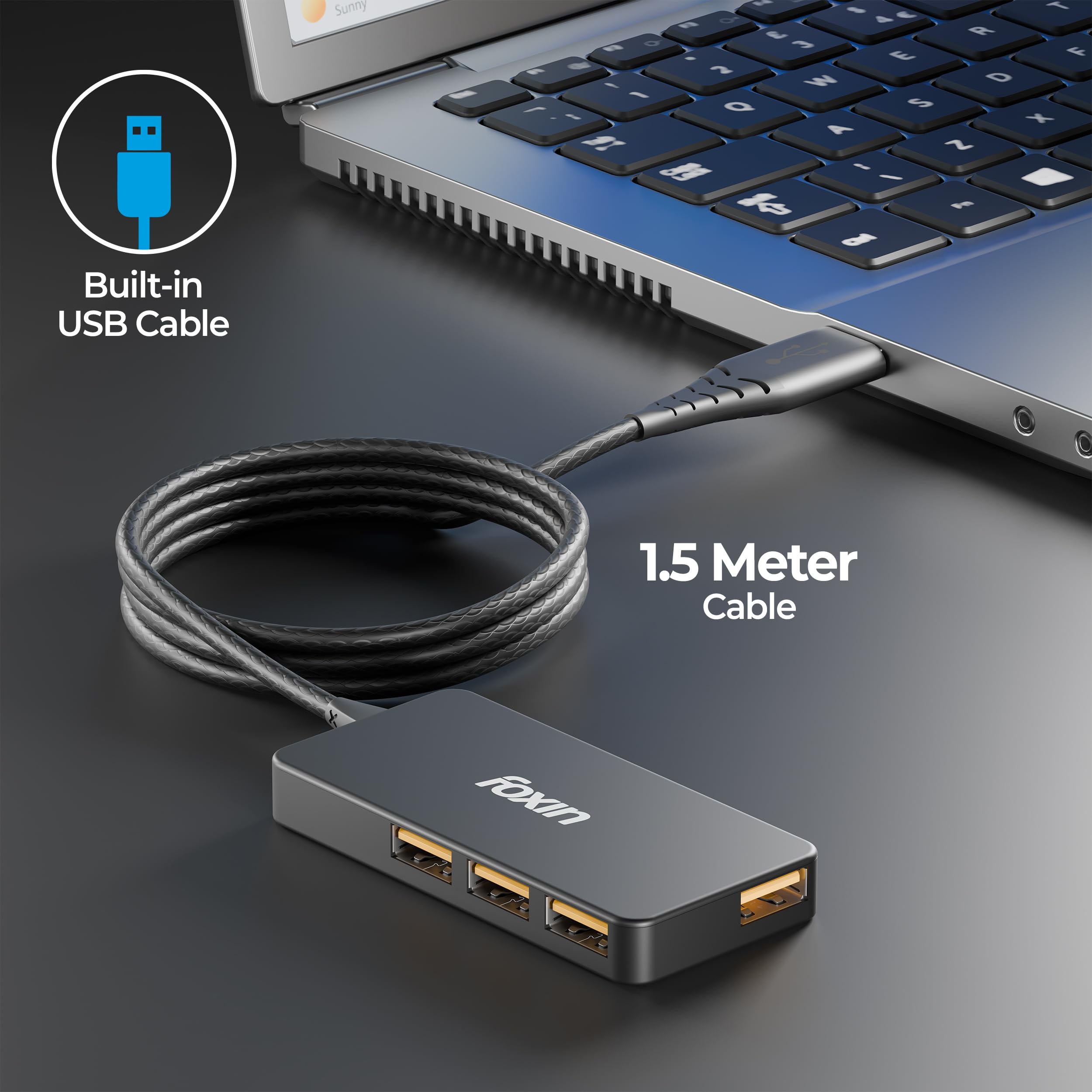 Foxin 4-in-1 USB Hub Ultra Slim | 4 x USB Ports with 1.5 Meter Cable | 480 Mbps Transfer Speed | Multi USB Port Connector for Laptop, PC, Mac | Plug & Play Multiport Adapter - FUH 002 — Amazon image 6