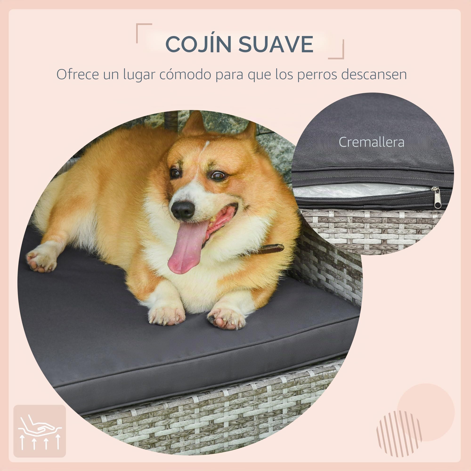 Casa para Perros PawHut de ratán con cojín, Cama para Perros en Forma de casa, caseta para Perros de Exterior, Estructura de Acero, plástico, Gris, 69 x 98 x 70 cm