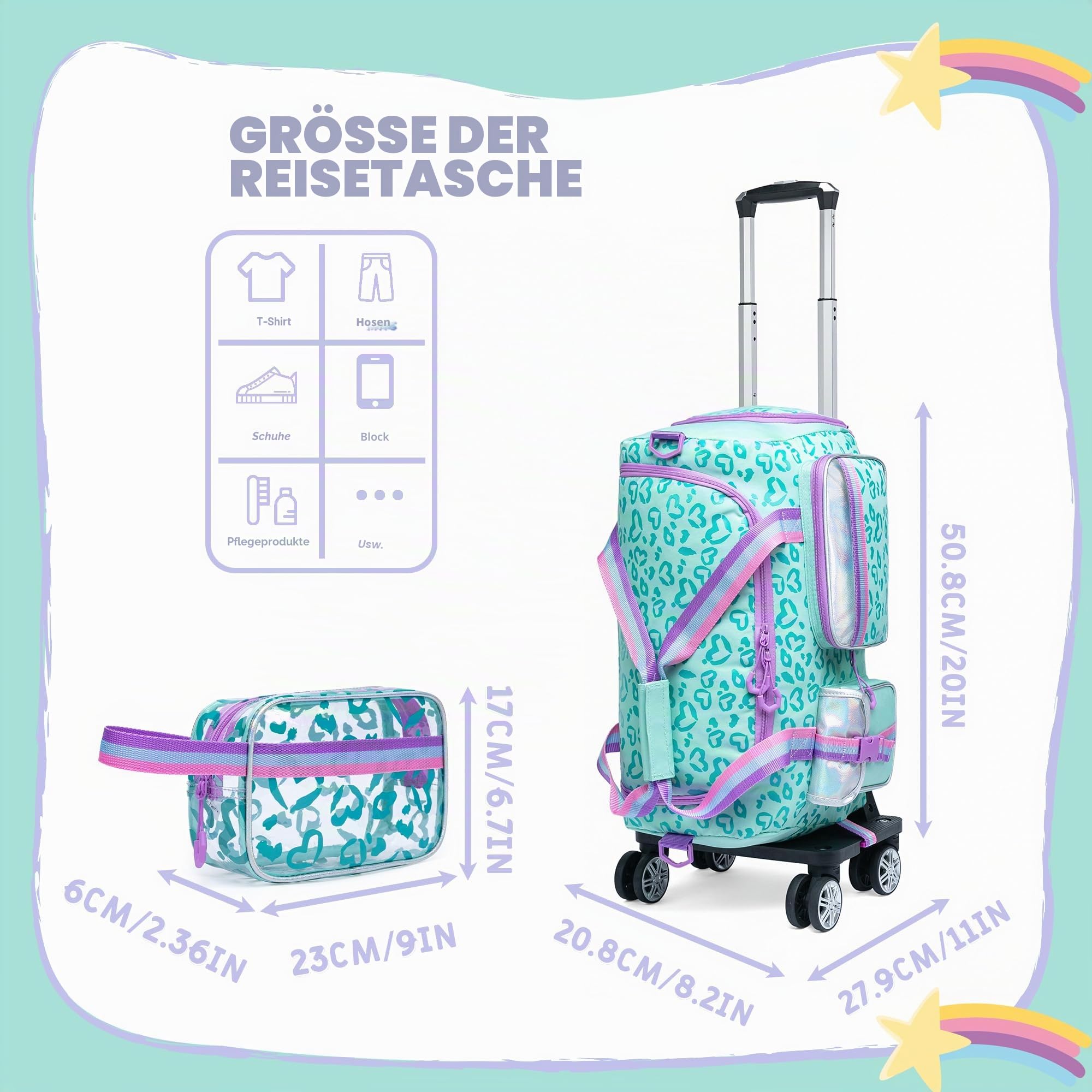 Reisetasche mit Rollen für Kinder, Rolltasche mit Rollen und Griff, mit Make-up-Tasche, Reise-Kulturbeutel, Grün/Love