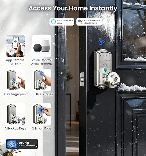 Miniatura 2 de Veise VE028 - Cerradura inteligente Wi-Fi integrada con perilla, entrada sin llave de huellas dactilares con asa, control remoto de aplicación y