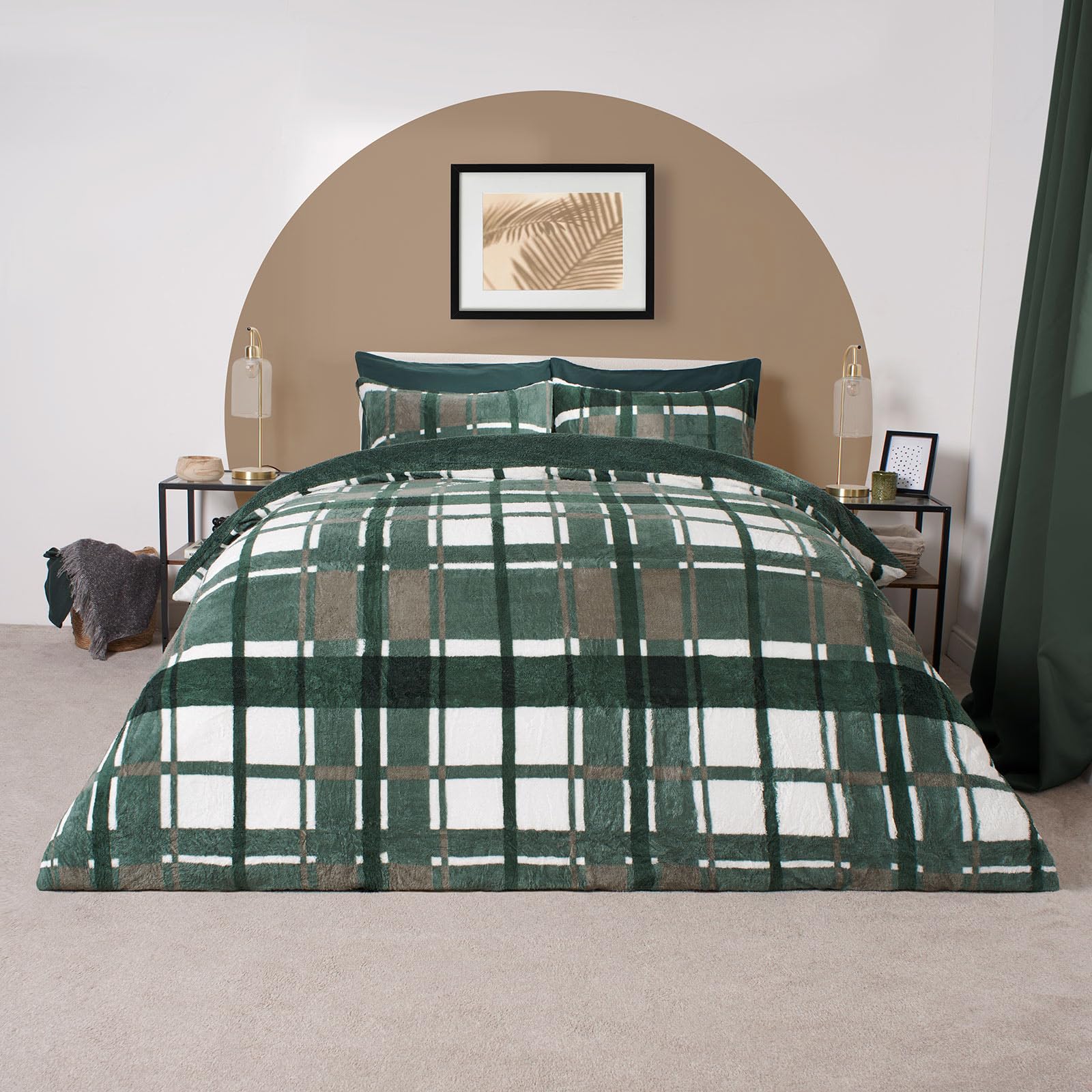 Ohs Forest Green Christmas King Size Duvet Cover Teddy Fleece Check, Winter Bedding Quilt Duvet Covers Sets King Ultra Soft Easy Care Fluffy Bedding With Pillowcases