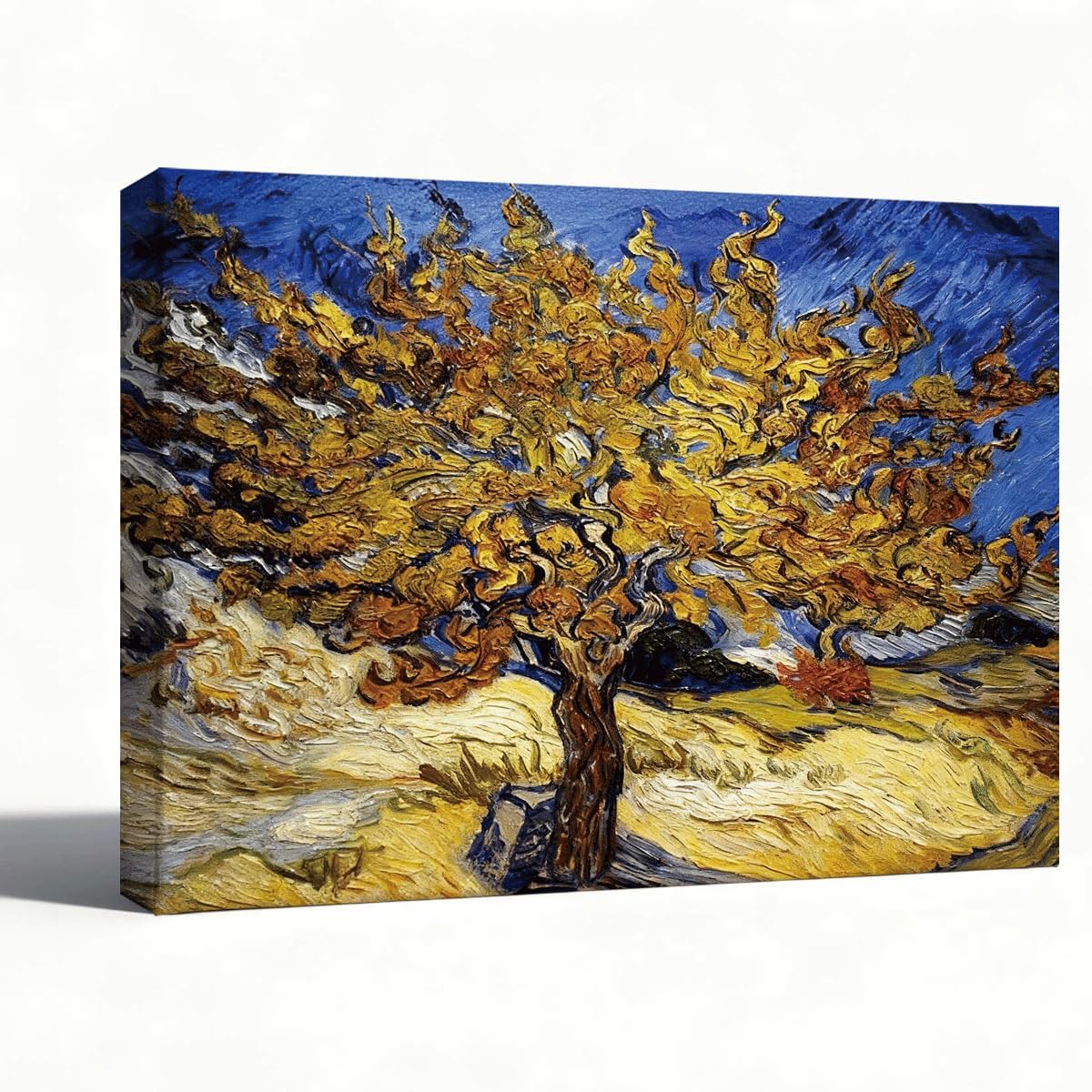 Landscape Canvas Wall Art Autumn Gold Tree, Van Gogh Inspired Swirling Oil Painting on Canvas, Colorful Impressionist Nature Picture, 8x10 Inch Wall Decor for Living Room Hallway