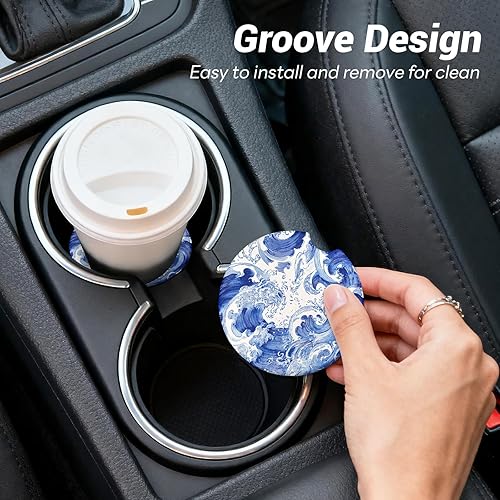 Miniatura 7 de Portavasos de cerámica para automóvil, paquete de 2 unidades, posavasos absorbentes antideslizantes de 2.56 pulgadas con base de corcho y muesca