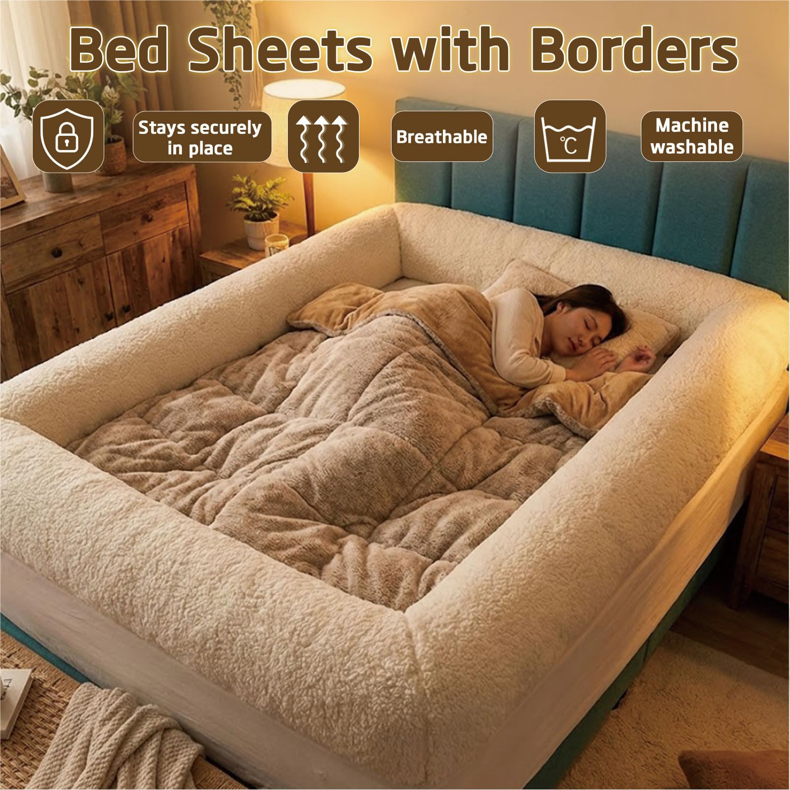 Sábana de cama con bordes acolchados, sábana bajera de sherpa con bordes elevados para un sueño seguro, cierre suave similar a un nido, bolsillo profundo antideslizante, transpirable y lavable a