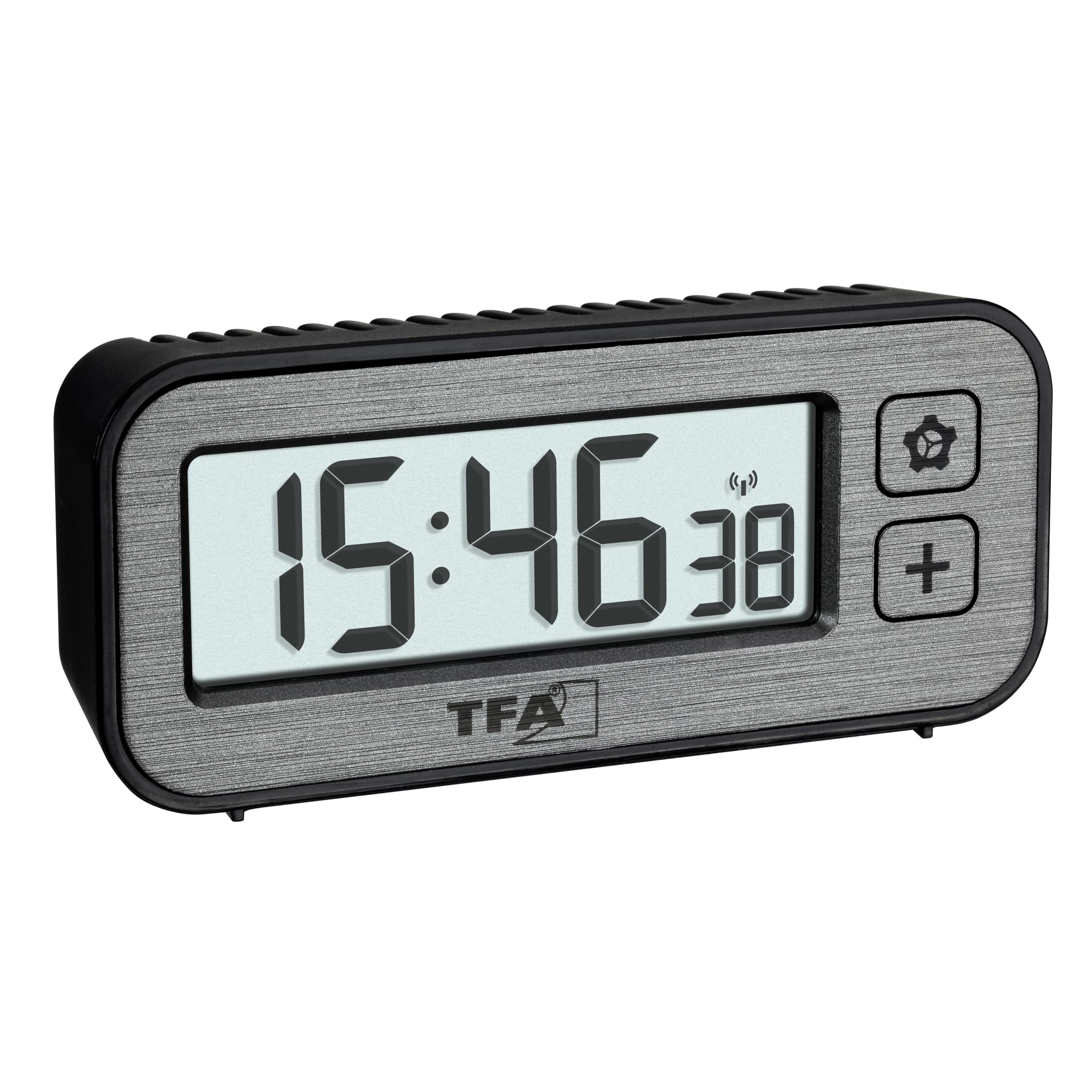 TFA Dostmann Wireless Alarm Clock Digital with Temperature and Humidity Switch, 60.2522.10, with Maximum and Lowest Values, with Alarm and Radio-Controlled Clock, Travel Alarm Clock, Small