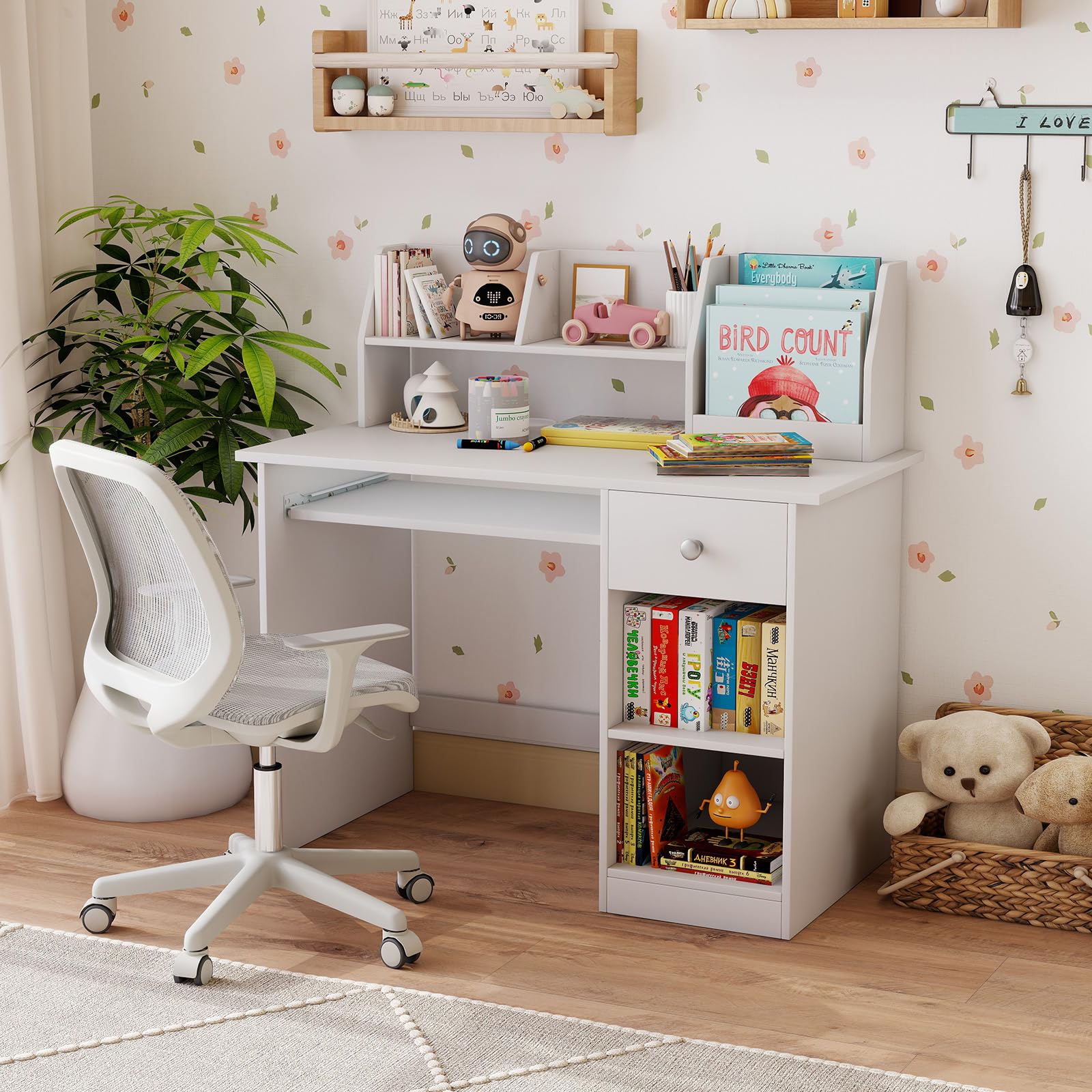 DREAMADE Schreibtisch Kinder mit Bücherregal & Schublade & Ablage & Tastaturablage, Jugendschreibtisch Schülerschreibtisch, Kinderschreibtisch aus Holz für Jungen und Mädchen, 90x45x90cm (Weiß)