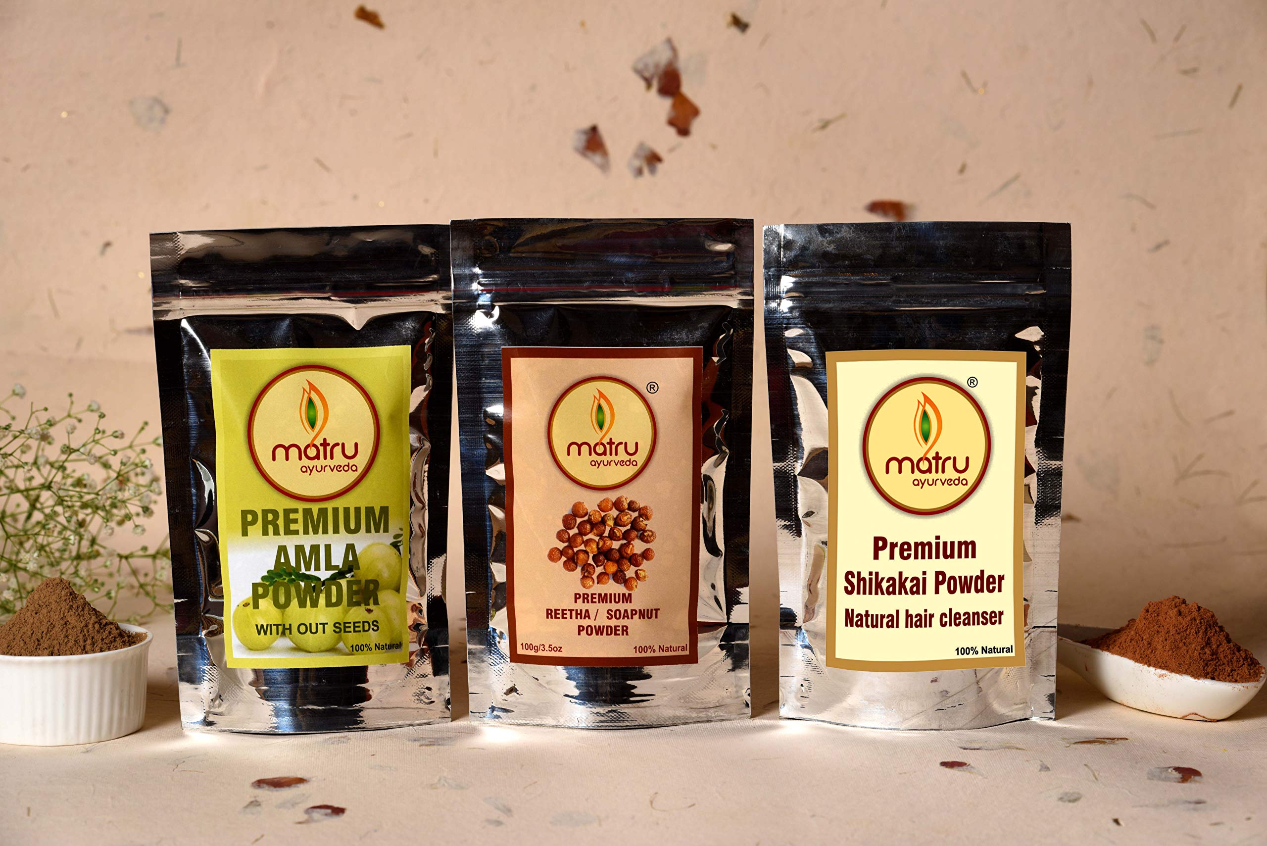 Matru Ayurveda Premium Trio Pack of Amla, Reetha/Soapnut and Shikakai Powder (100 Grams,100 Grams, 200 Grams Each)