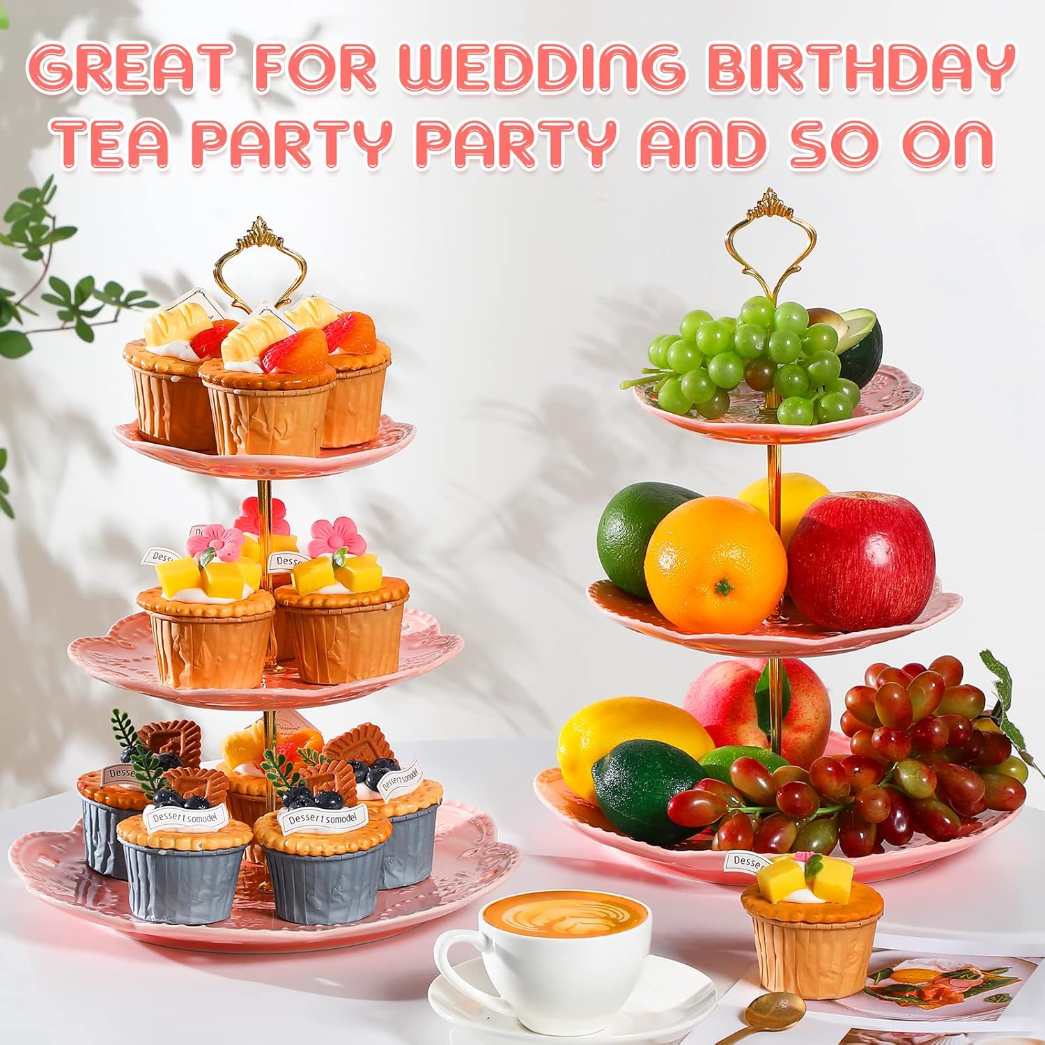 Tanlade 2 Pcs Porcelain Cupcake Stand 3 Tier Serving Tray Dessert Tiered Tea Party Plates Embossed 3 Tier Cake Stand High Tea Elegant Stand Cupcake Platter for Wedding Birthday(Pink)