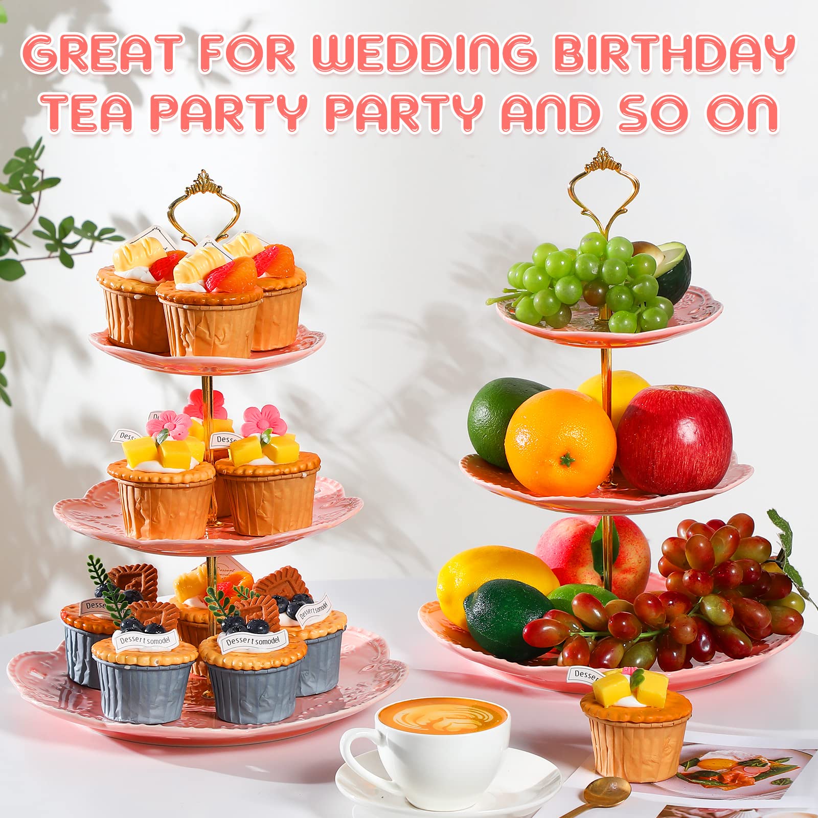 Tanlade 2 Pcs Porcelain Cupcake Stand 3 Tier Serving Tray Dessert Tiered Tea Party Plates Embossed 3 Tier Cake Stand High Tea Elegant Stand Cupcake Platter for Wedding Birthday(Pink)