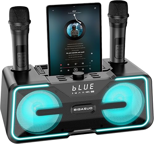 BIGASUO Máquina de karaoke para adultos y niños con 2 micrófonos inalámbricos UHF, sistema de altavoces PA portátil Bluetooth con luces LED para