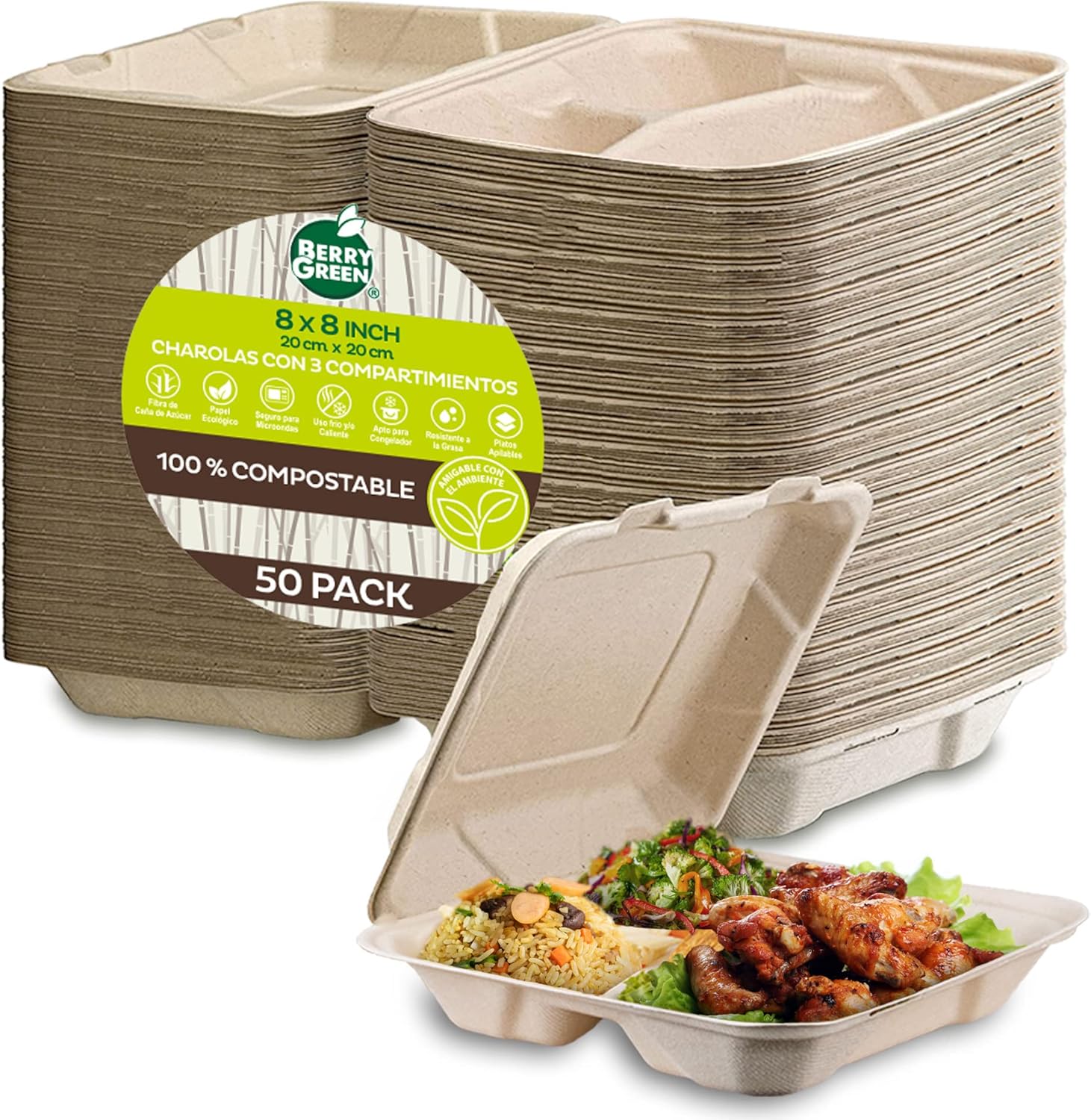 Berry Green 50 Contenedores Compostables Grandes Para Alimentos con 3