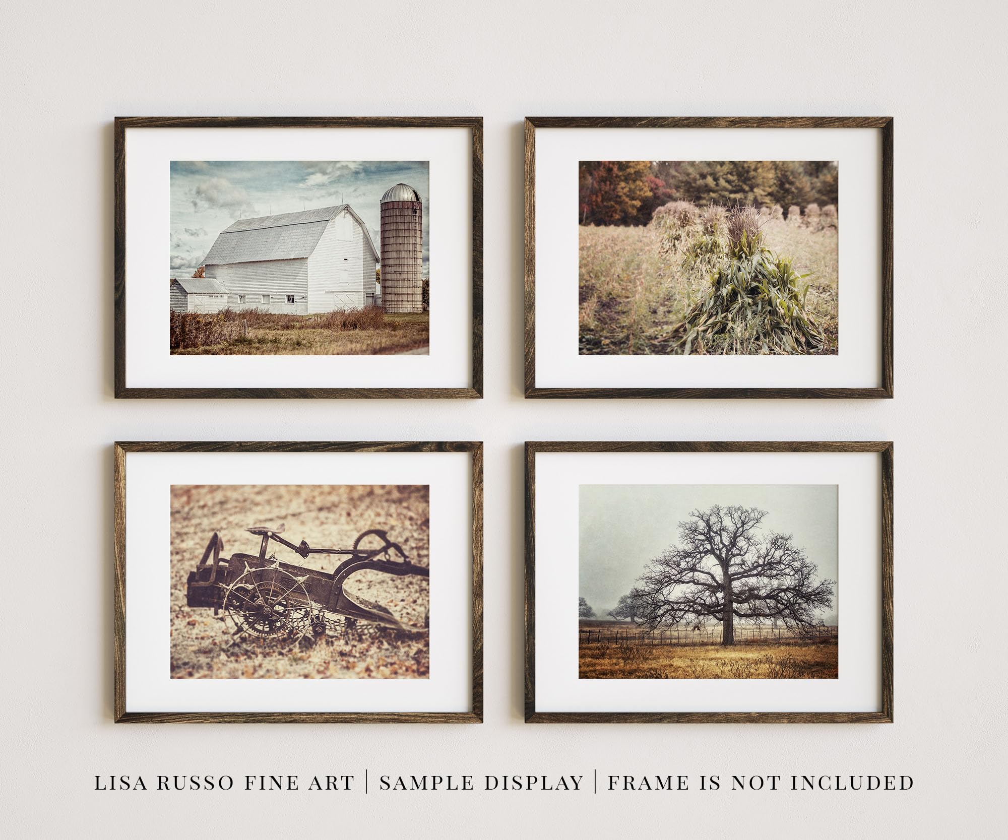 LISA RUSSO FINE ART - Vintage Farmhouse Wall Decor Set of 4 SMALL 5x7” Unframed Neutral Earth Tone Farm Landscape Prints - Country Rustic Art