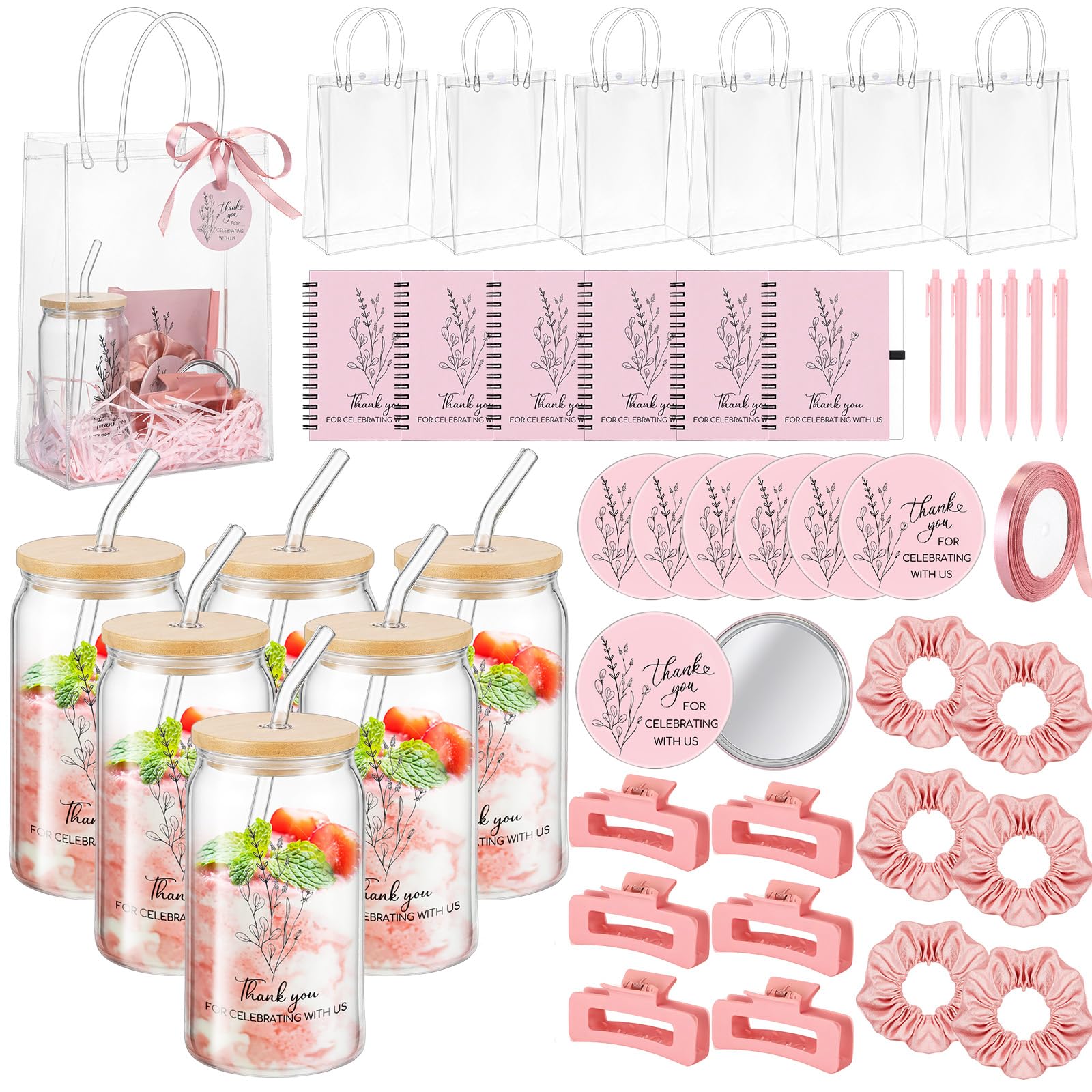 Zeyune 6 juegos de premios para baby shower para juegos, bodas, despedidas de soltera, regalos de fiesta de bebé, incluyendo cuadernos de cristal, bolígrafo, espejo, horquillas, bandas para el pelo