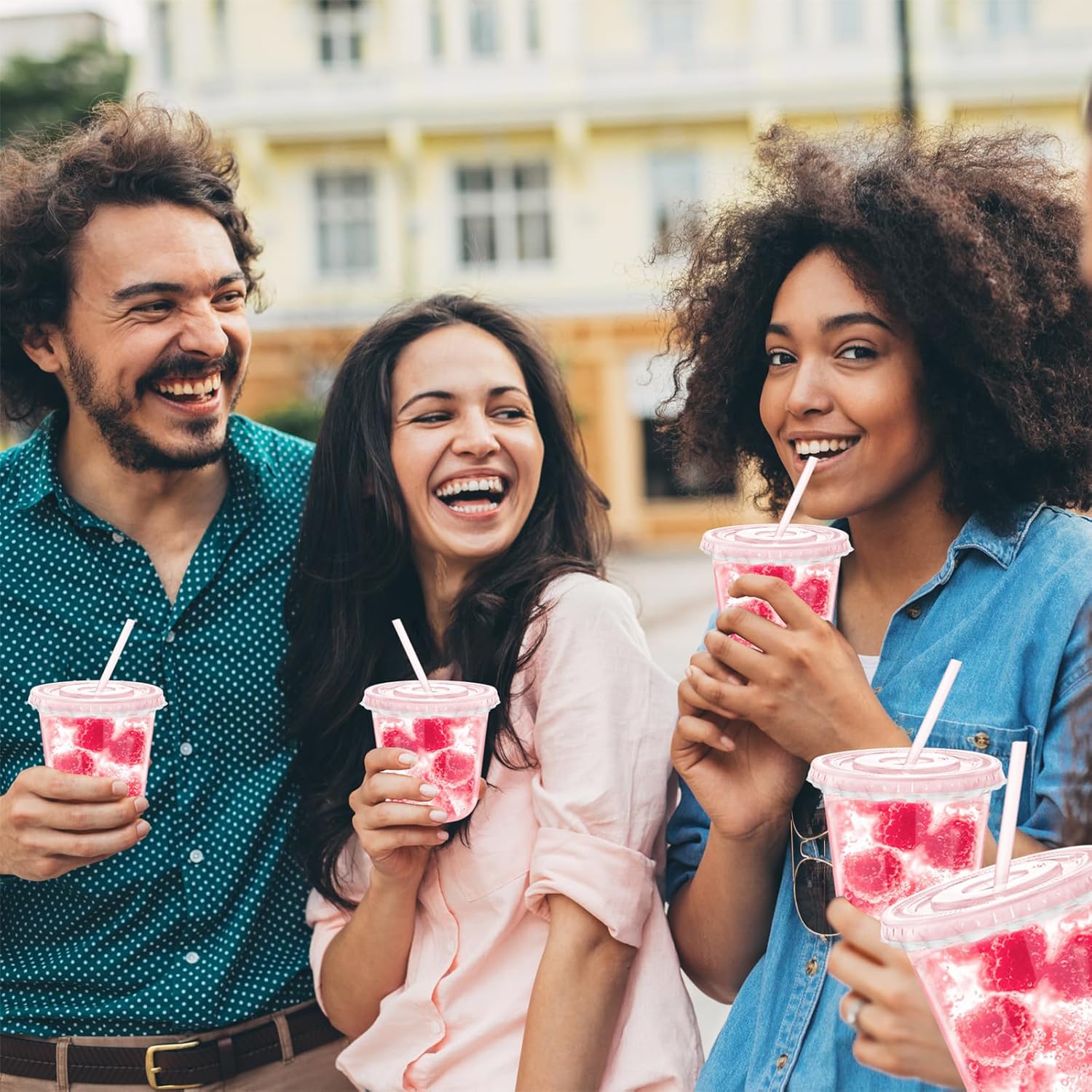 12oz Disposable Stemless Glasses with Flat Lids and Straws,PET Disposable Drinking Cups,Clear Plastic Wine Glasses for Parties Birthday,Wedding,Meeting,Christmas Party Supplies. (100, Pink) - Image 3