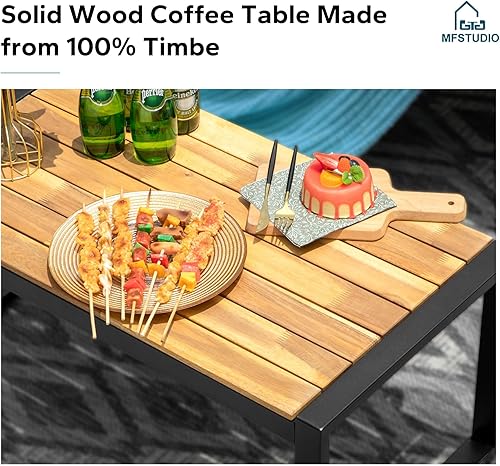 Miniatura 5 de MFSTUDIO Juego de 4 muebles de patio al aire libre, pequeño sofá de ratán para exteriores con mesa de madera, sofá biplaza y sillas, juego de