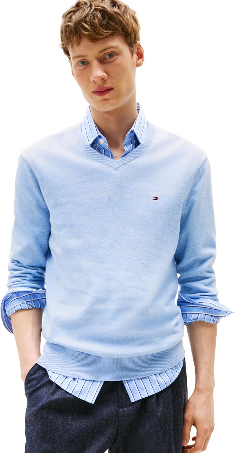 Tommy Hilfiger Men's Cotton Solid V Neck Sweater Lightweight Pullover