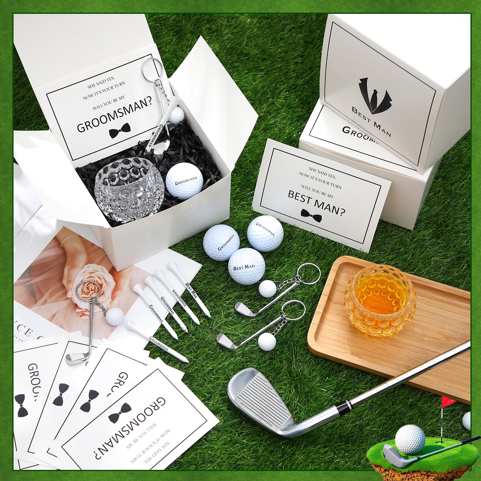 Funnymoom 36 Pcs Golf Groomsman Proposal Gift Box Set of 6, Golf Ball Tees Keychain Whiskey Glass with Invitation Cards Accessories for Wedding Best Men DIY Gifts