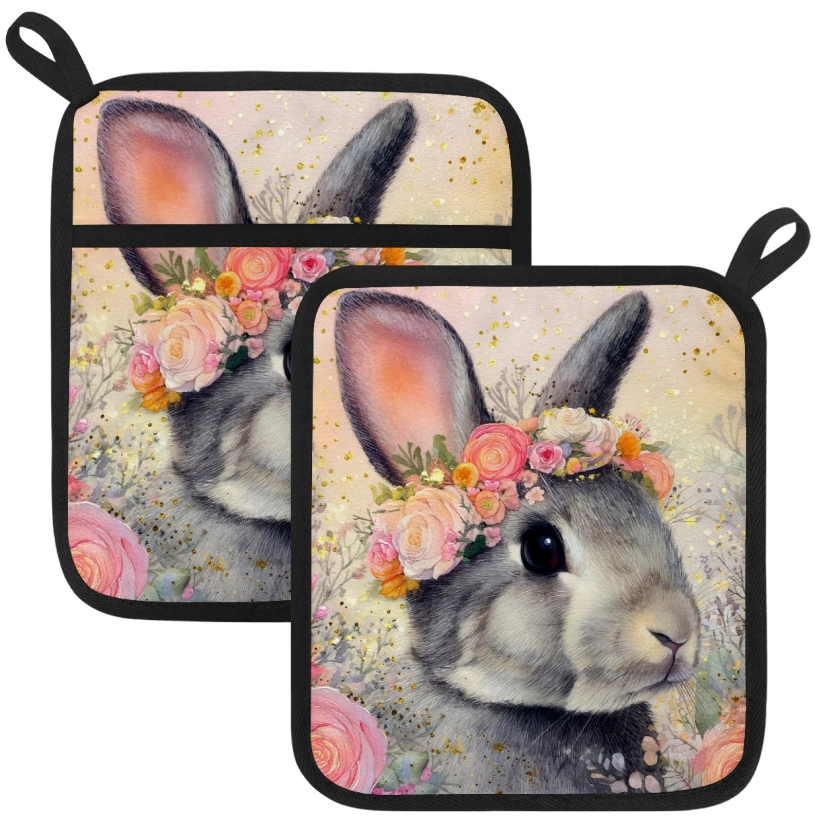 VAPOKF Easter Bunny Rose Kitchen Hot Pot Holder, Pot Holders Heat Resistant Pot Holder with Pocket Heat Resistant Trivets for Hot Pans Cotton Pot Mitts for Kitchen Cooking Baking