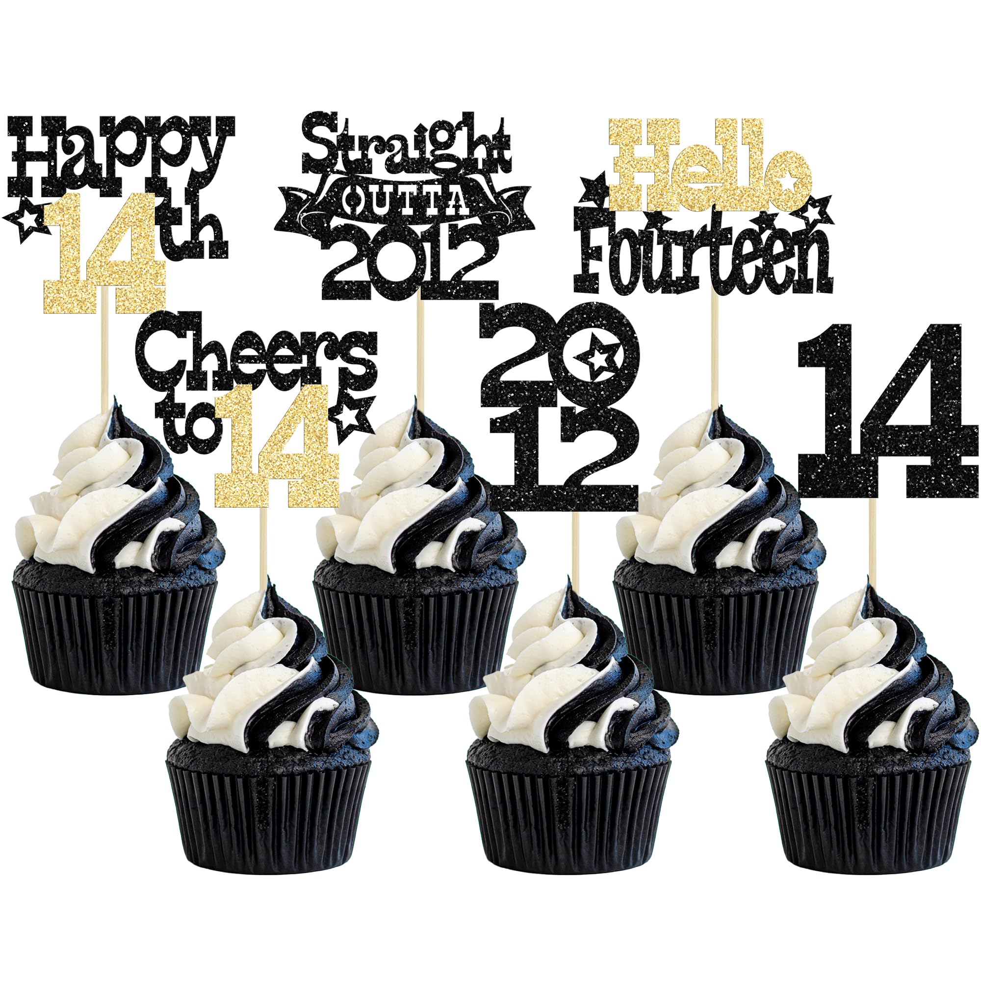 Ephlyn 30Pcs Straight Outta 2012 Cupcake Toppers Glitter Fourteen Happy 14th Birthday Cupcake Picks Cheers to 14 Years Cake Decorations for 14th Birthday Anniversary Party Supplies Black Gold