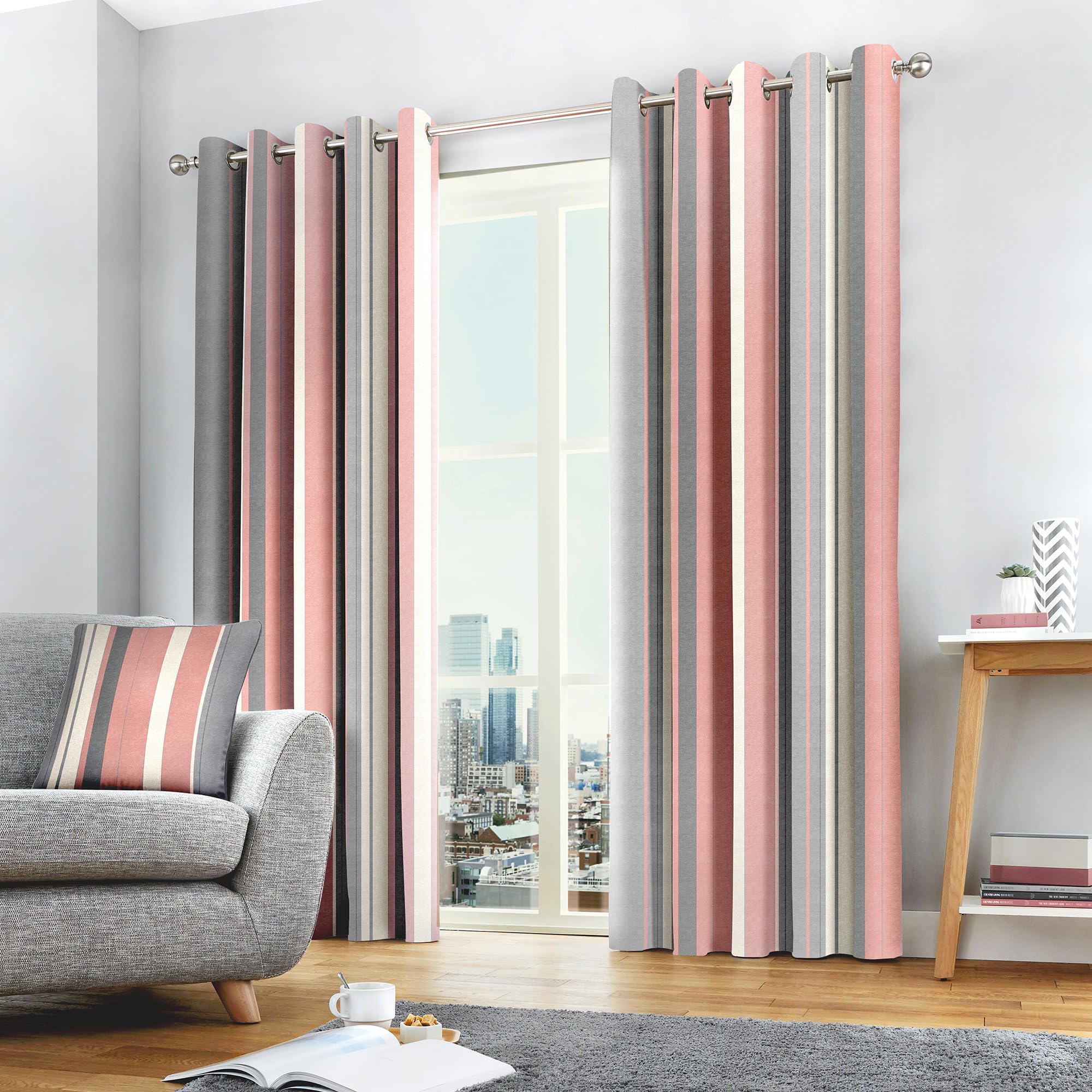 Simply Be Blush Fusion Whitworth Stripe Eyelet Curtains Size 229 X 183Cm