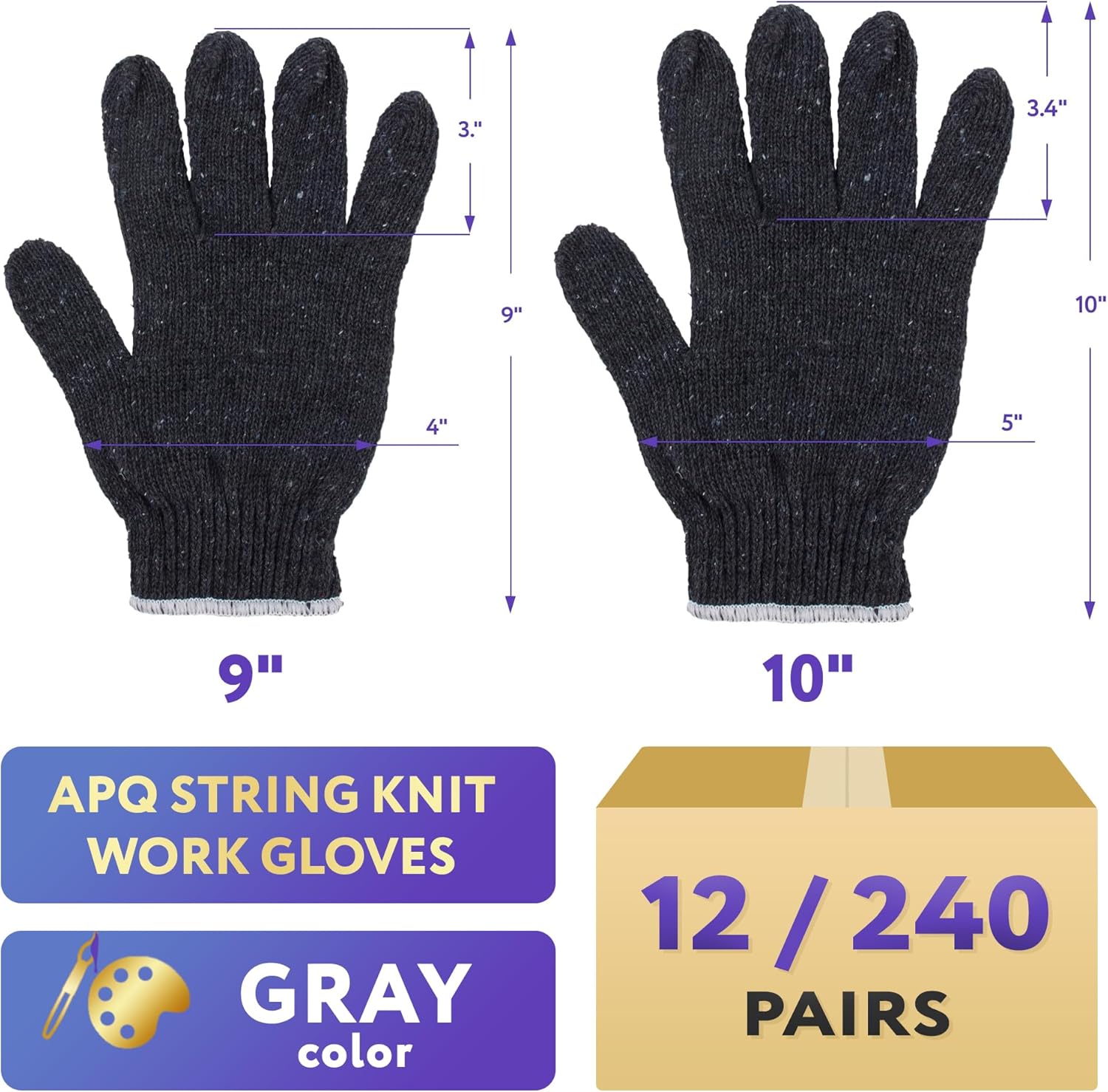 APQ Supply Gray Work Cotton Gloves. String Knit Work Gloves with Elastic Wrist. Washable Cotton Polyester Gardening Gifts