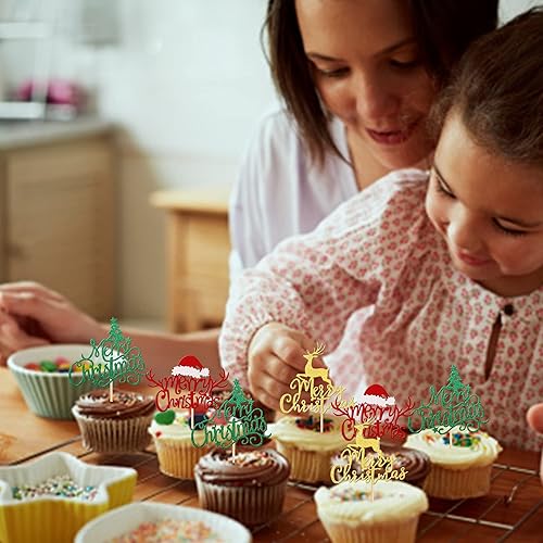 Vista 215 de Rsstarxi Paquete de 30 adornos navideños para cupcakes de hombre de jengibre con purpurina para baby shower, decoración para temática de Feliz